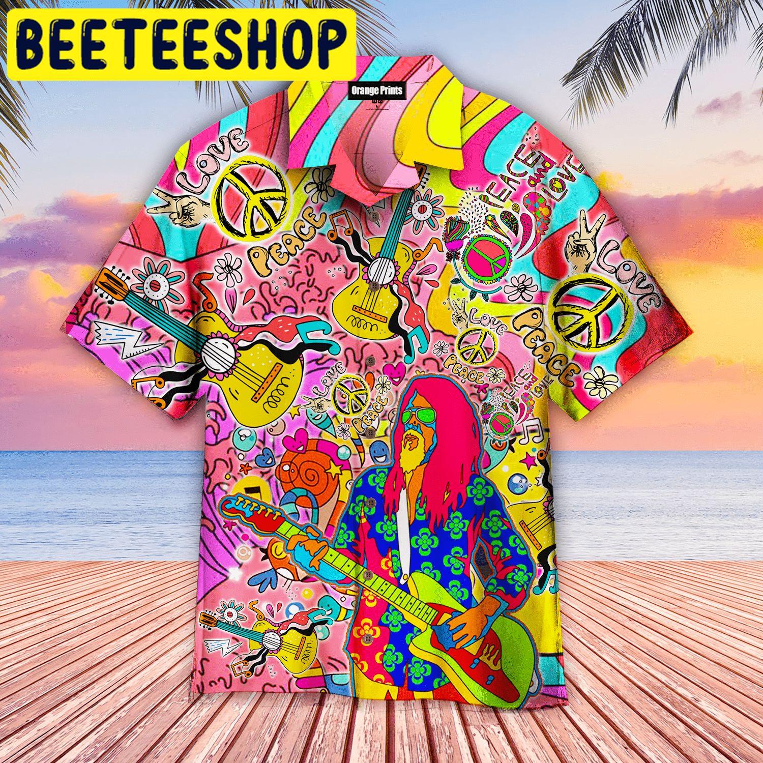 Hippie Guitar Colorful Hawaiian Shirt Hippie Guitar Colorful Hawaiian Shirt