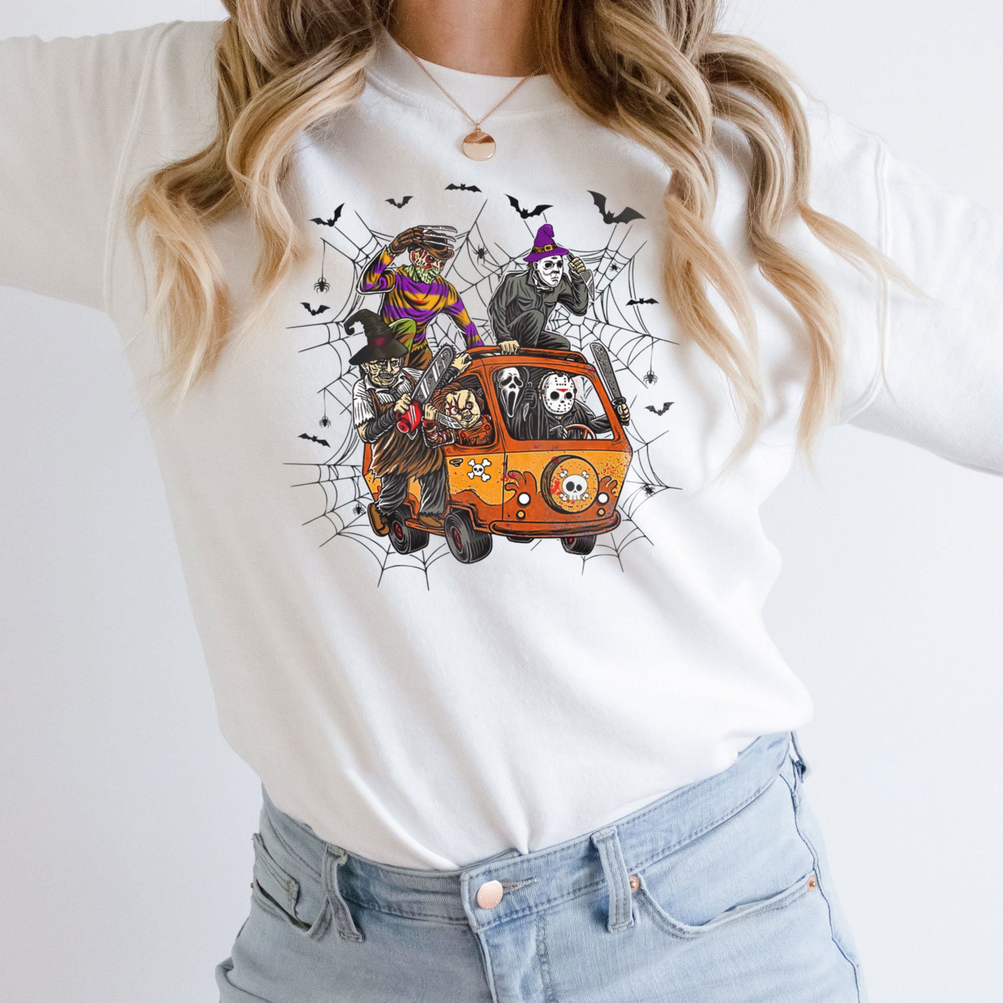 Horror Stitch Cosplay Michael, Jason, Freddy, Chucky, Ghostface, Horror Movie Killer On Hippie Car HalloweenTrending Unisex Shirt Horror Stitch Cosplay Michael, Jason, Freddy, Chucky, Ghostface, Horror Movie Killer On Hippie Car HalloweenTrending Unisex Shirt