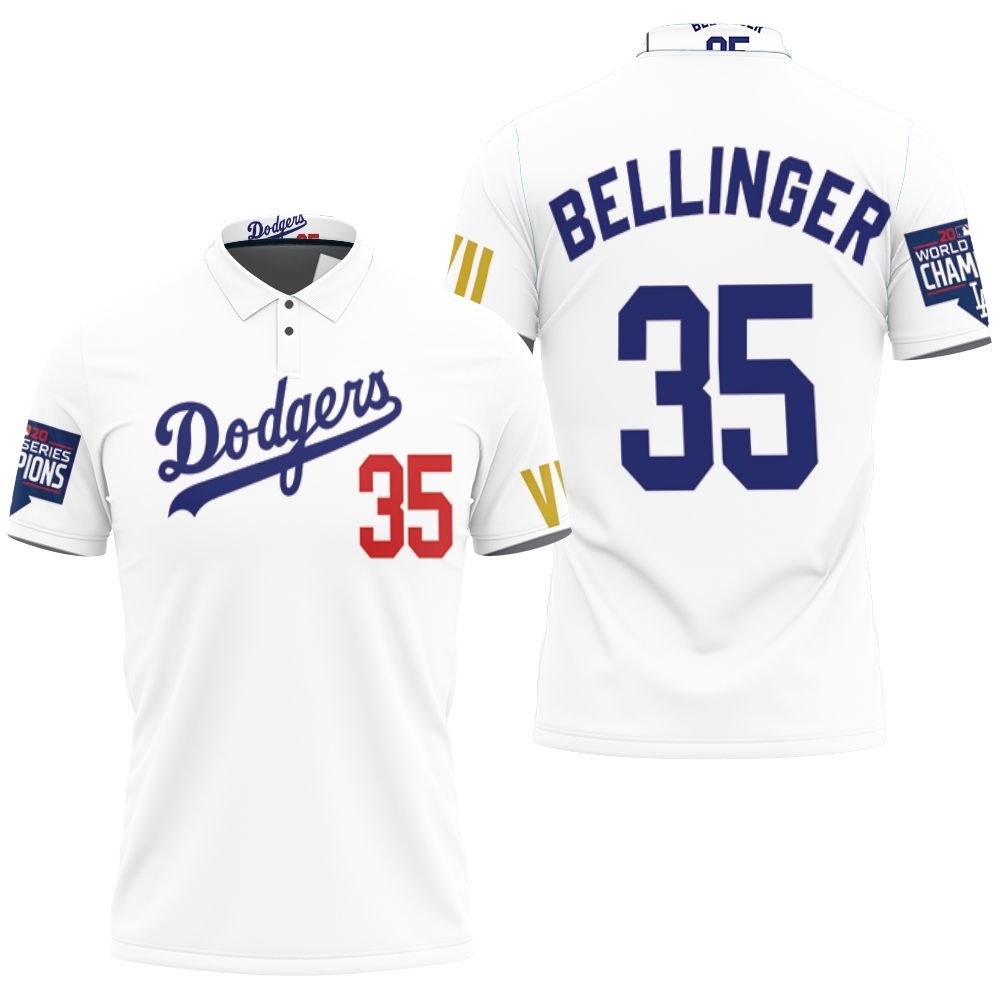 Los Angeles Dodgers Bellinger 35 2020 Championship Golden Edition White Jersey Inspired Style 3D All Over Print Polo Shirt Los Angeles Dodgers Bellinger 35 2020 Championship Golden Edition White Jersey Inspired Style 3D All Over Print Polo Shirt