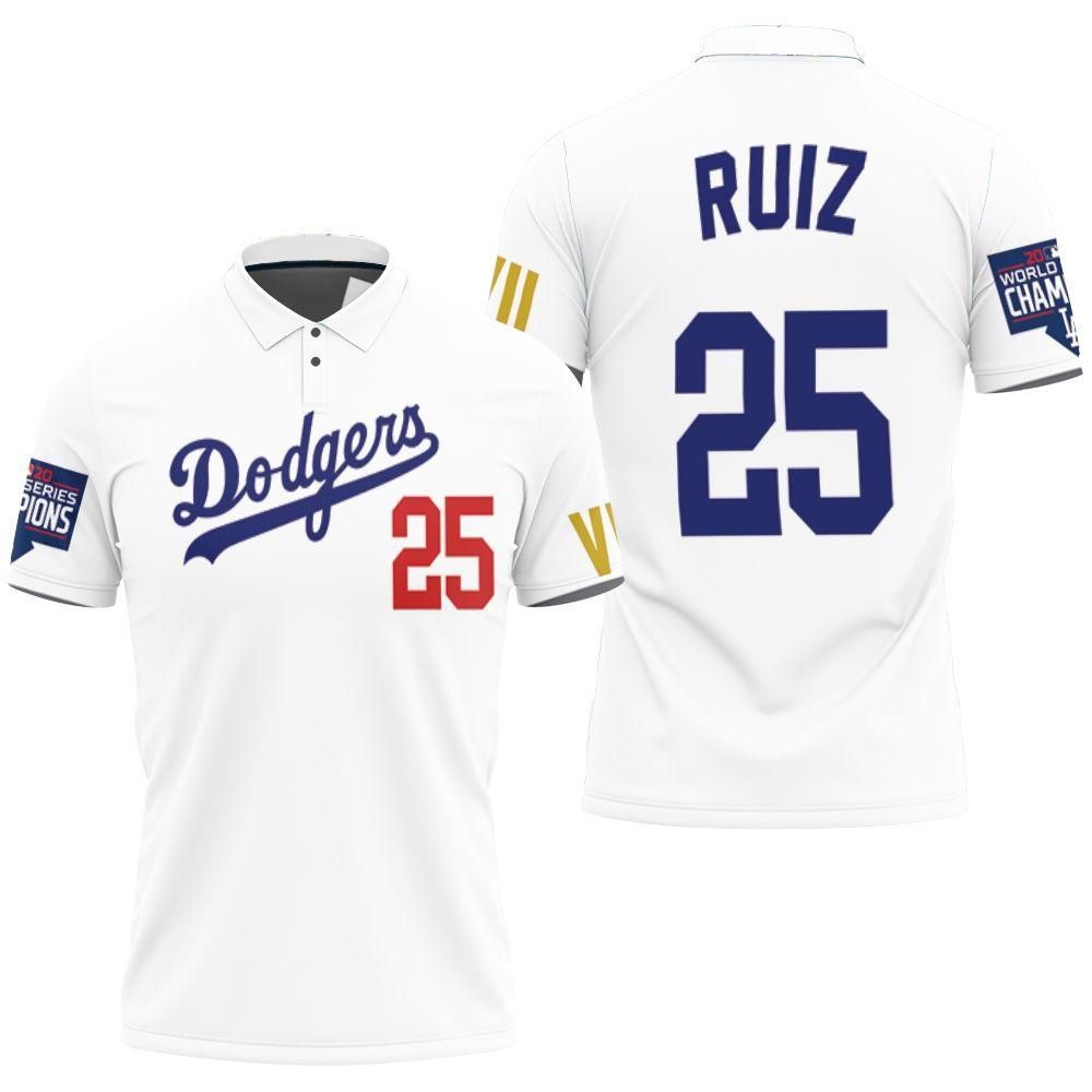 Los Angeles Dodgers Ruiz 25 2020 Championship Golden Edition White Jersey Inspired Style 3D All Over Print Polo Shirt Los Angeles Dodgers Ruiz 25 2020 Championship Golden Edition White Jersey Inspired Style 3D All Over Print Polo Shirt