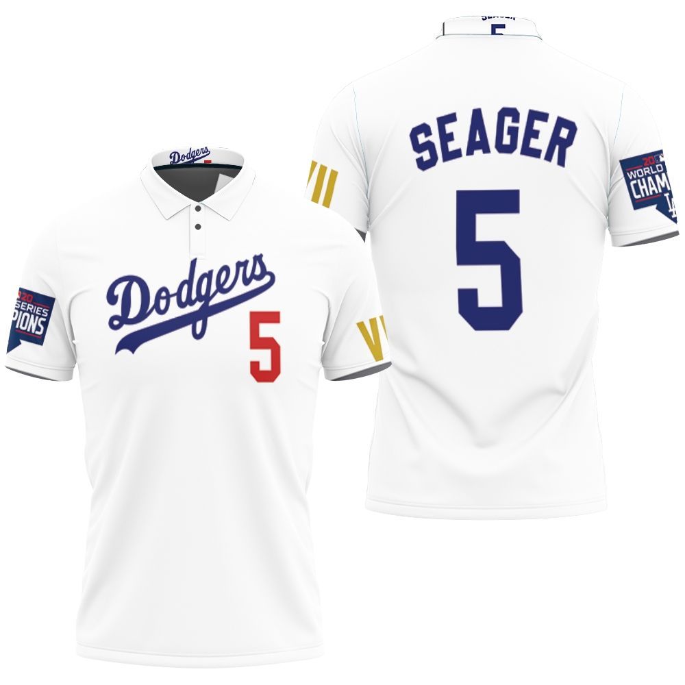 Los Angeles Dodgers Seager 5 2020 Championship Golden Edition White Jersey Inspired Style 3D All Over Print Polo Shirt Los Angeles Dodgers Seager 5 2020 Championship Golden Edition White Jersey Inspired Style 3D All Over Print Polo Shirt