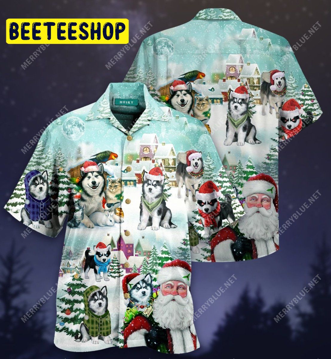 Merry Husky Christmas Unisex Trending Hawaiian Shirt Merry Husky Christmas Unisex Trending Hawaiian Shirt