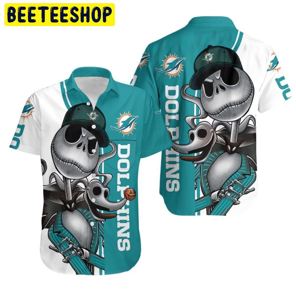 Miami Dolphins Jack Skellington And Zero Hawaiian Shirt Miami Dolphins Jack Skellington And Zero Hawaiian Shirt