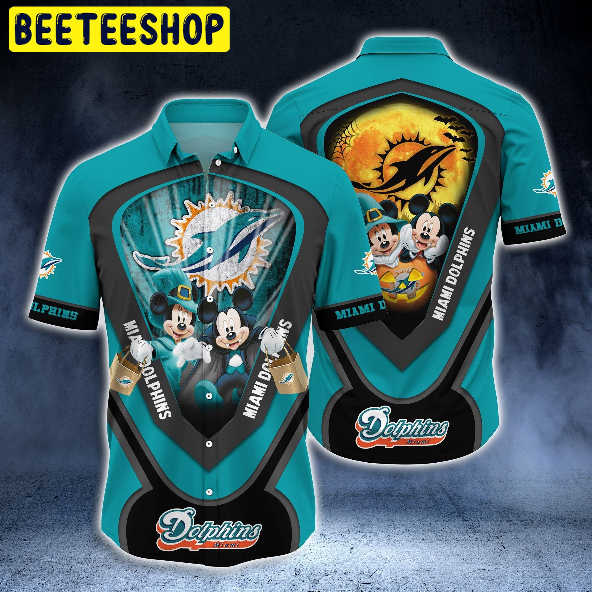 Miami Dolphins NFL Mickey and Minnie Big Moon Trending Hawaiian Shirt Miami Dolphins NFL Mickey and Minnie Big Moon Trending Hawaiian Shirt