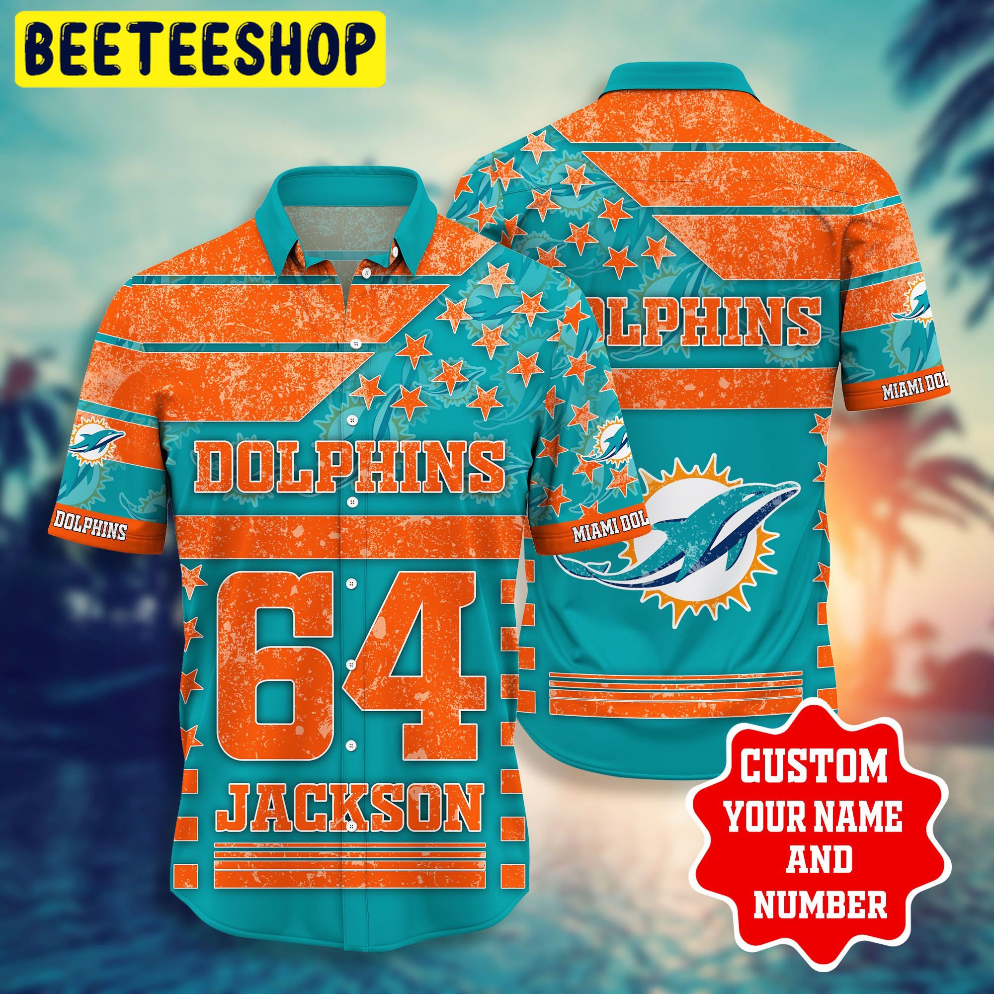 Miami Dolphins NFL Shorts Star Custom Name Number Hawaiian Shirt Miami Dolphins NFL Shorts Star Custom Name Number Hawaiian Shirt
