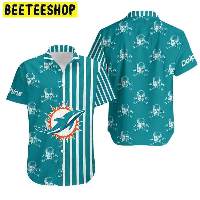 Miami Dolphins Stripes and Skull Hawaiian Shirt Miami Dolphins Stripes and Skull Hawaiian Shirt