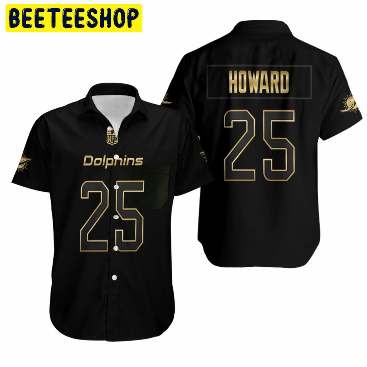 Miami Dolphins Xavien Howard #25 nfl American Football Black Golden Hawaiian Shirt Miami Dolphins Xavien Howard #25 nfl American Football Black Golden Hawaiian Shirt