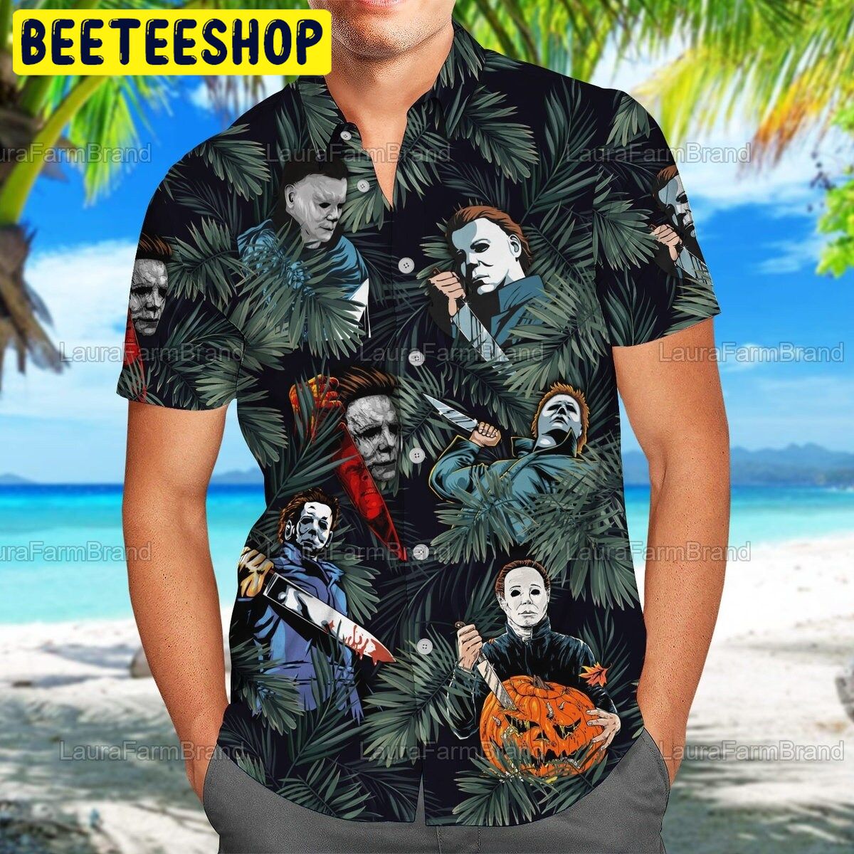 Michael Myers Pumpkin Tropical Halloween Trending Hawaiian Shirt Michael Myers Pumpkin Tropical Halloween Trending Hawaiian Shirt