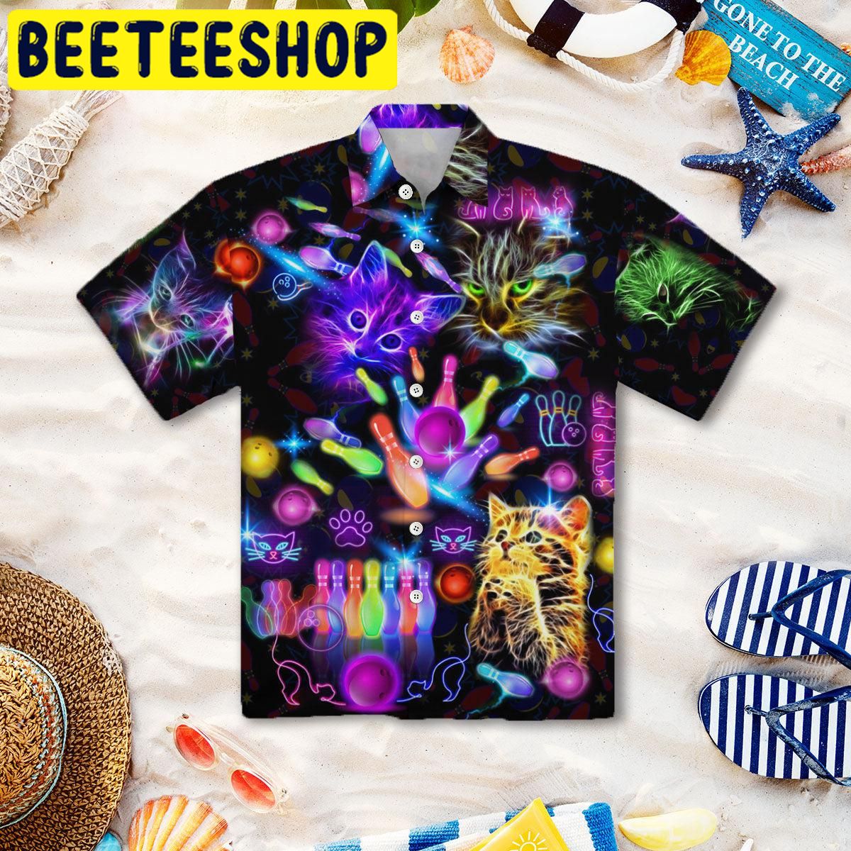 Neon Kitty Play Bowling In The Dark Hawaiian Shirt Neon Kitty Play Bowling In The Dark Hawaiian Shirt