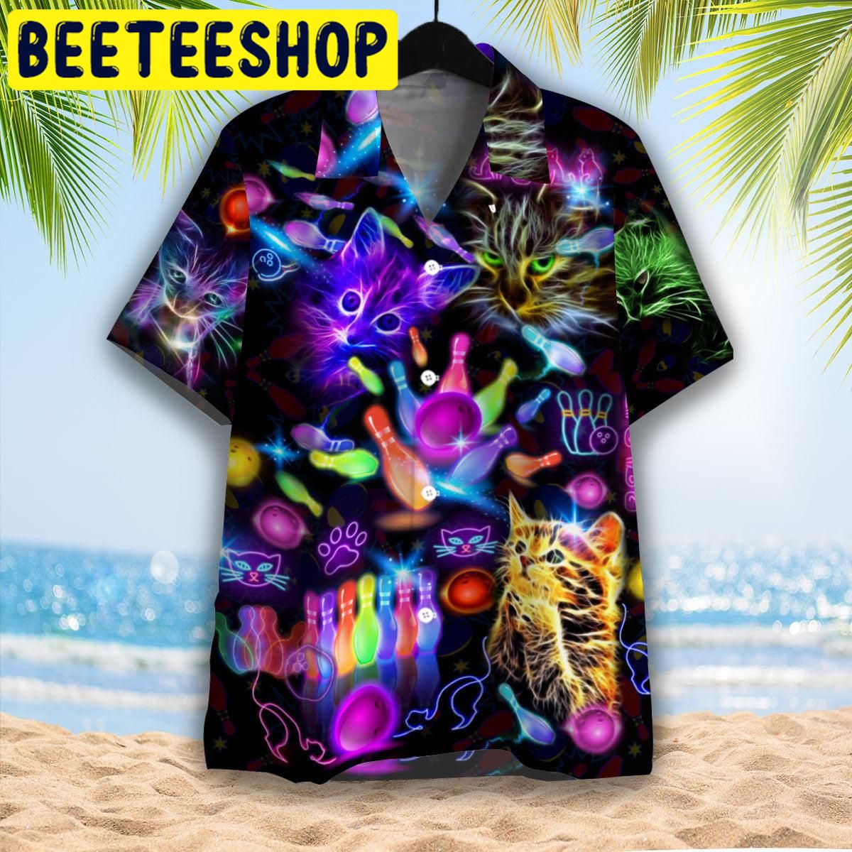 Neon Kitty Play Bowling In The Dark Hawaiian Shirt Neon Kitty Play Bowling In The Dark Hawaiian Shirt