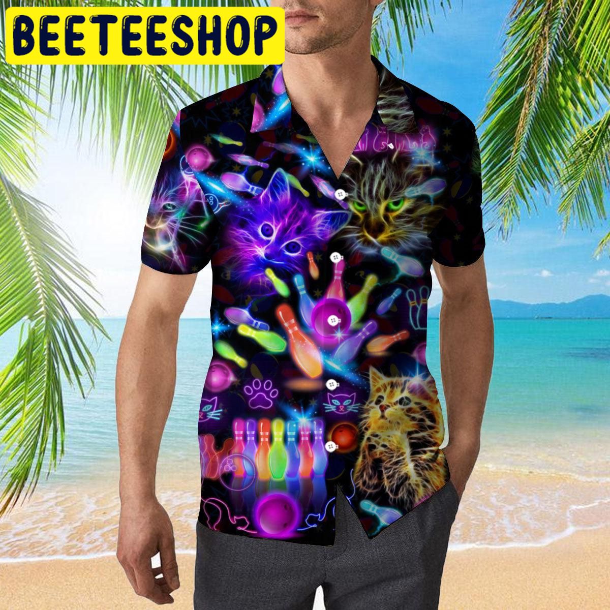 Neon Kitty Play Bowling In The Dark Hawaiian Shirt Neon Kitty Play Bowling In The Dark Hawaiian Shirt