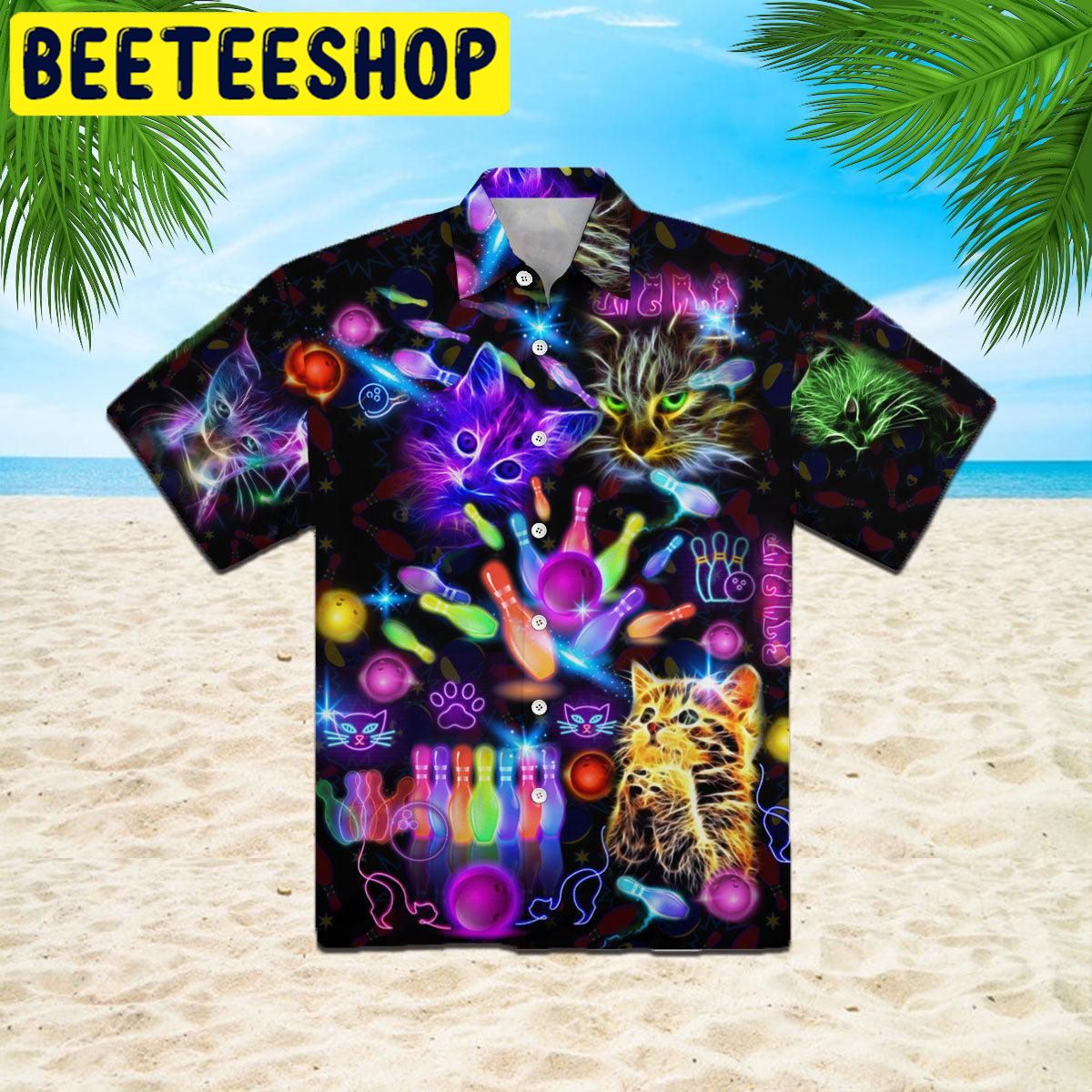 Neon Kitty Play Bowling In The Dark Hawaiian Shirt Neon Kitty Play Bowling In The Dark Hawaiian Shirt