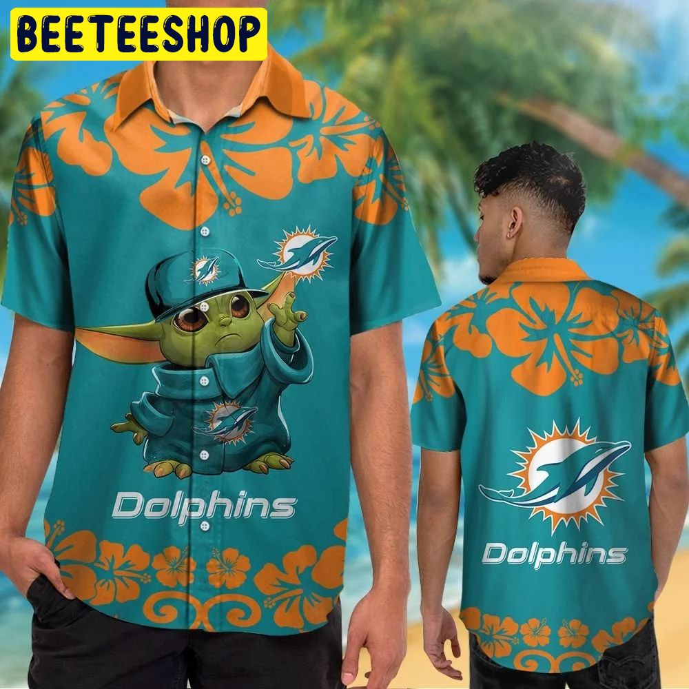 NFL Miami Dolphins Baby Yoda Short Sleeve Button Up Tropical Aloha Hawaiian Shirt NFL Miami Dolphins Baby Yoda Short Sleeve Button Up Tropical Aloha Hawaiian Shirt