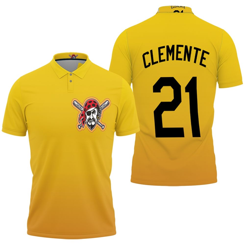 Pittsburgh Pirates Roberto Clemente #21 Great Player 2020 Mlb Baseball Team Logo Yellow Polo Shirt Pittsburgh Pirates Roberto Clemente #21 Great Player 2020 Mlb Baseball Team Logo Yellow Polo Shirt