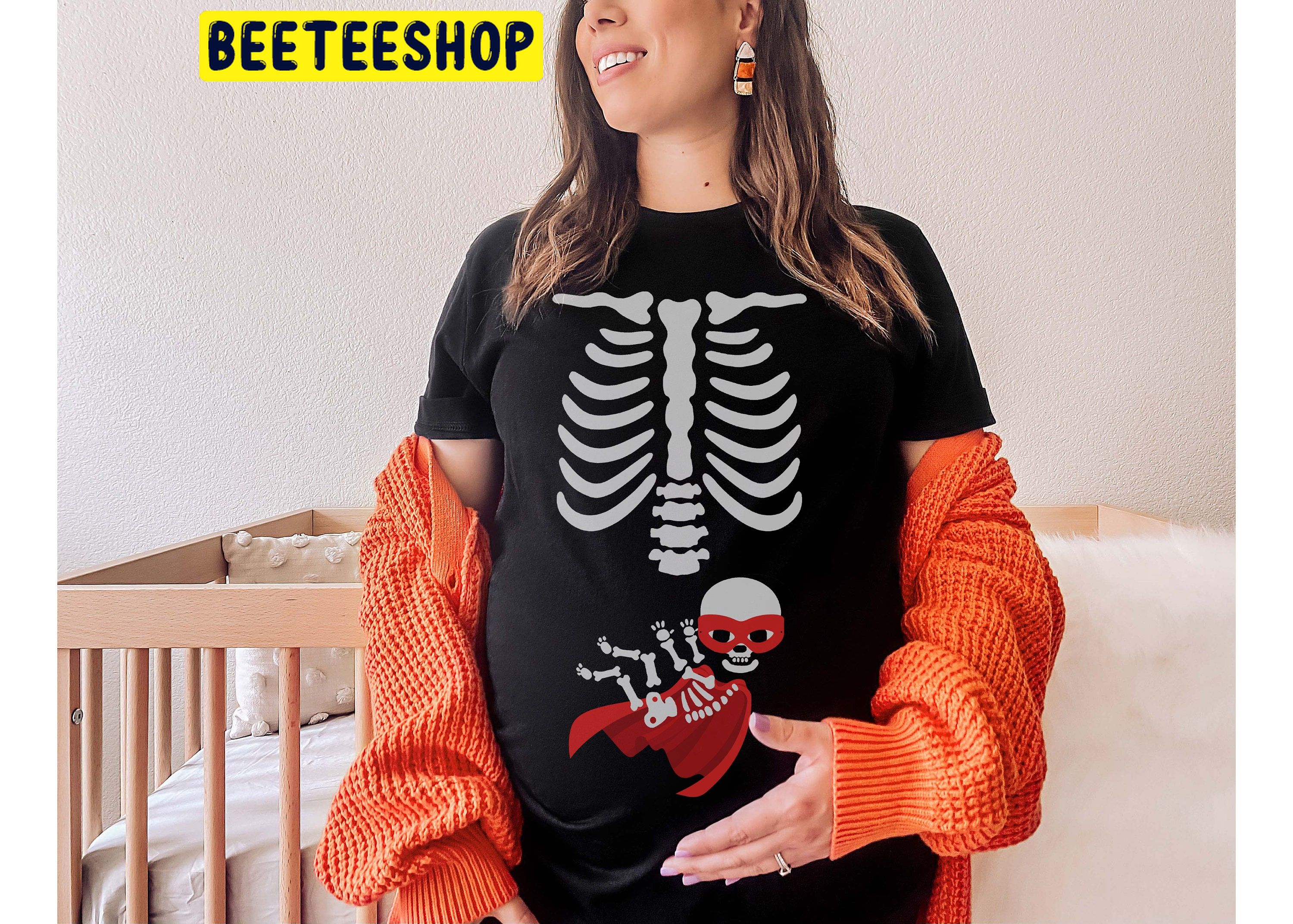 Pregnant Halloween Skeleton Superhero Funny Trending Unisex Shirt