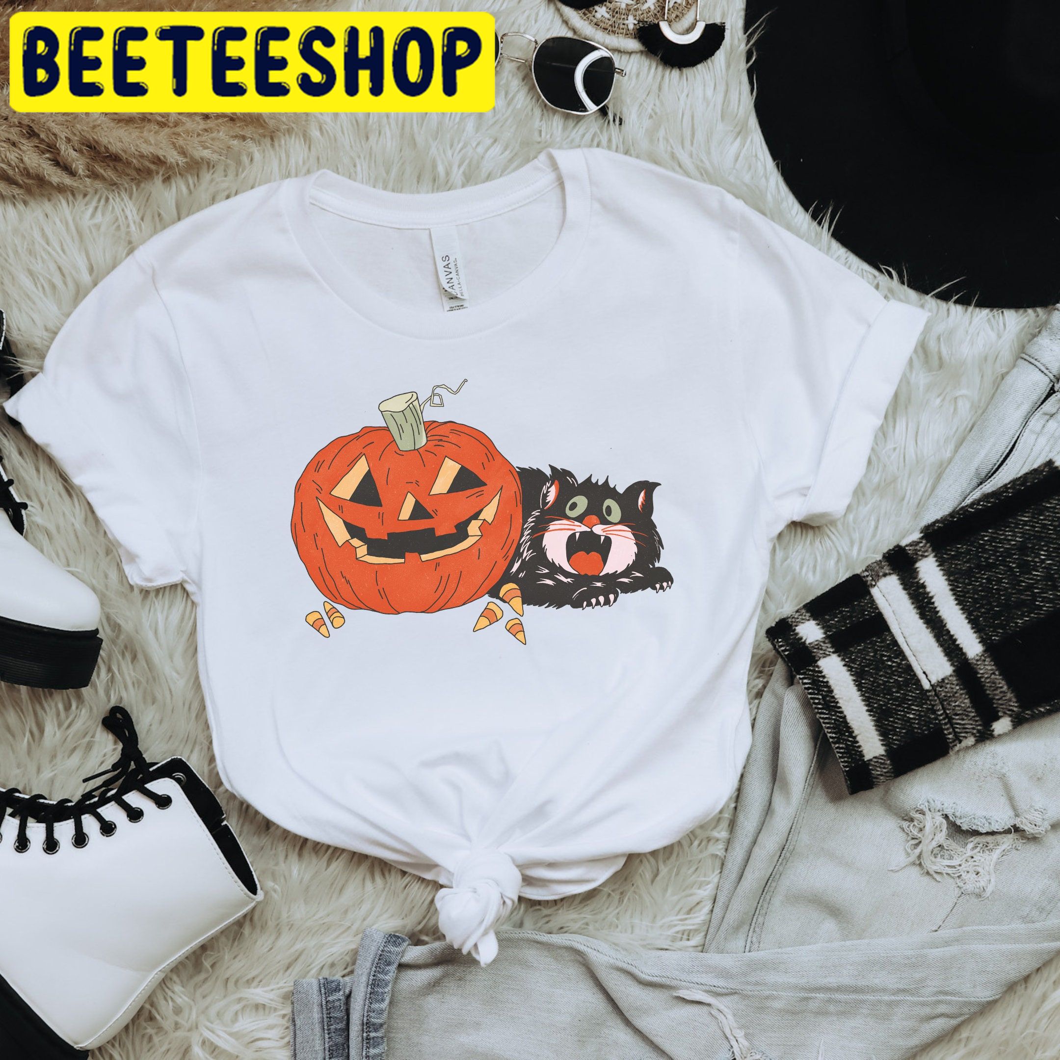 Pumpkin And Black Cat Halloween Trending Unisex Shirt Pumpkin And Black Cat Halloween Trending Unisex Shirt