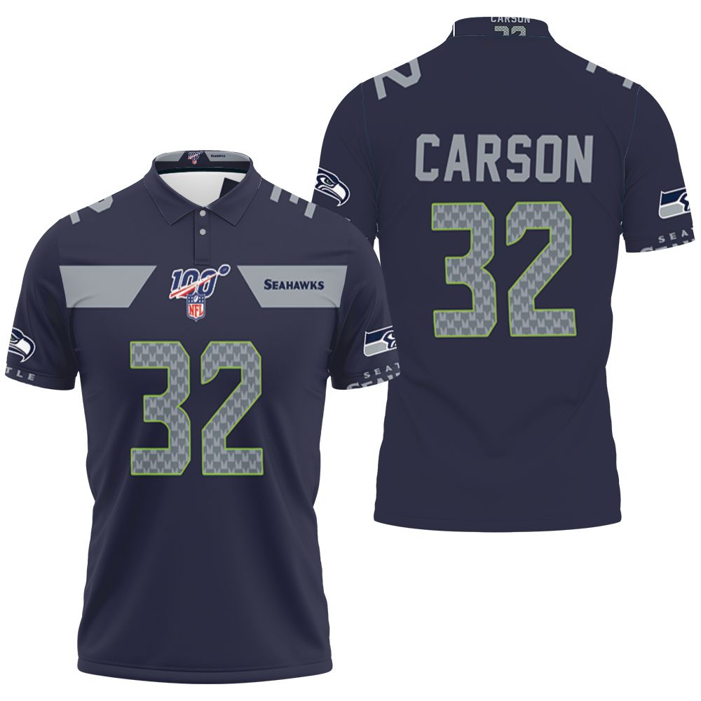 Seattle Seahawks Chris Carson #32 Nfl American Football Navy 100th Season Polo Shirt Seattle Seahawks Chris Carson #32 Nfl American Football Navy 100th Season Polo Shirt