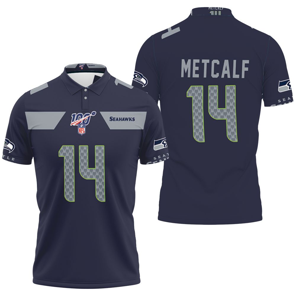 Seattle Seahawks Dk Metcalf #14 Nfl American Football Navy 100th Season Polo Shirt Seattle Seahawks Dk Metcalf #14 Nfl American Football Navy 100th Season Polo Shirt