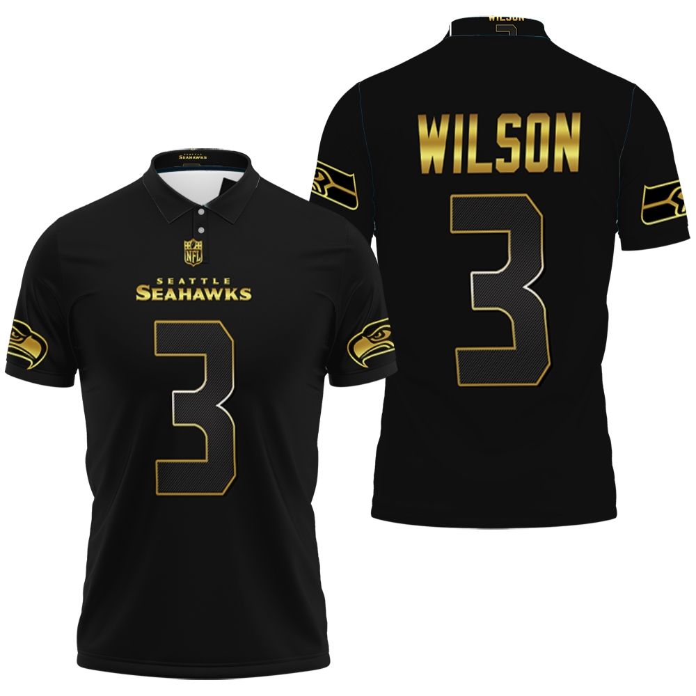 Seattle Seahawks Russell Wilson #3 Nfl American Football Team Black Golden Edition Polo Shirt Seattle Seahawks Russell Wilson #3 Nfl American Football Team Black Golden Edition Polo Shirt