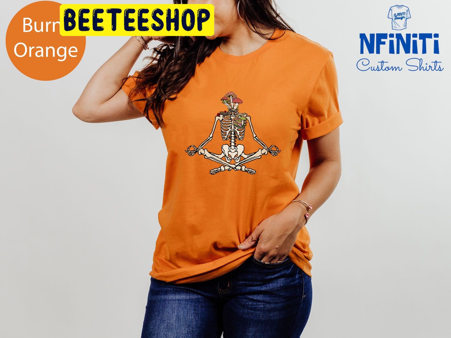 Skeletons Yoga Skull With Mushrooms And Flowers Halloween Trending Unisex Shirt Skeletons Yoga Skull With Mushrooms And Flowers Halloween Trending Unisex Shirt