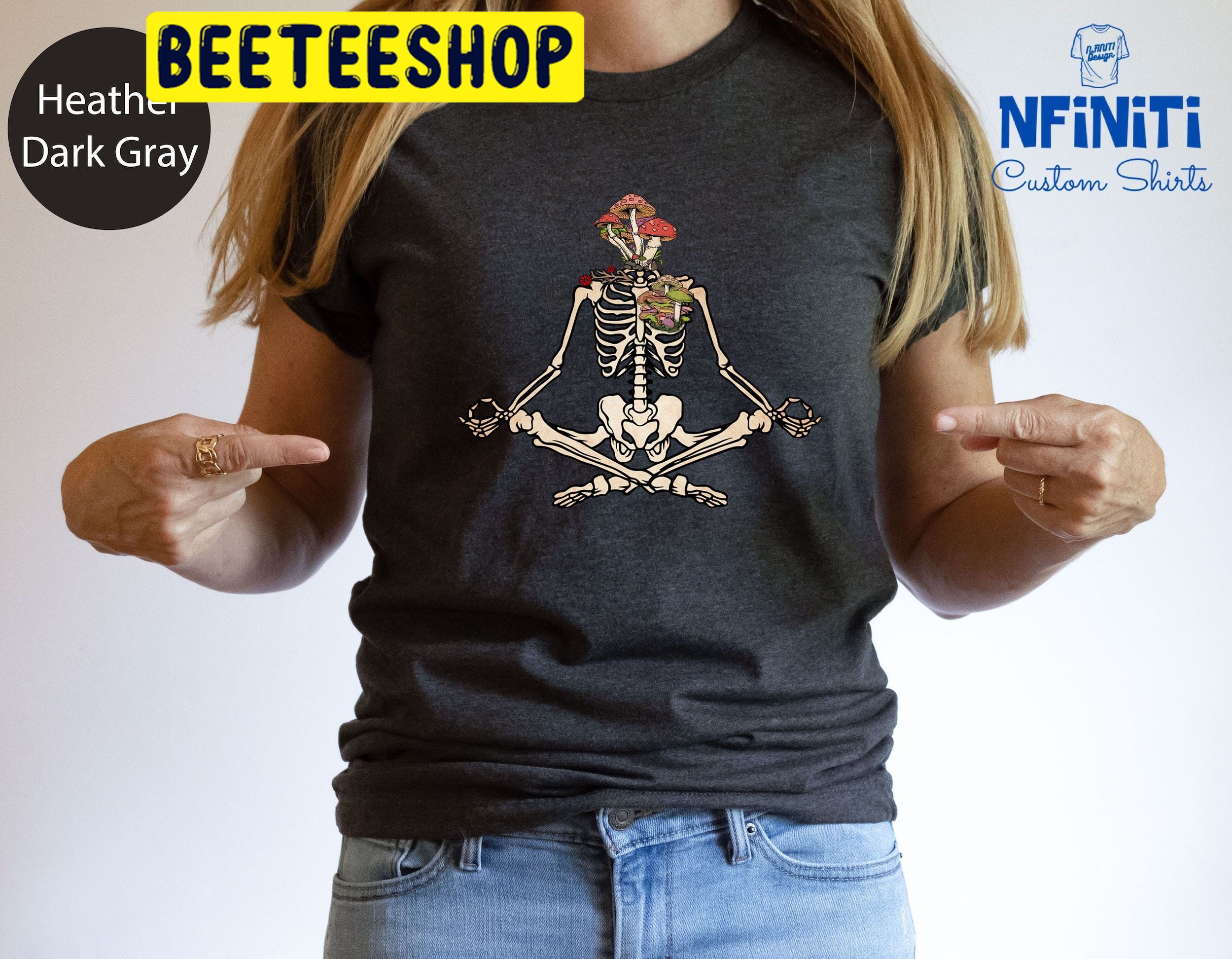 Skeletons Yoga Skull With Mushrooms And Flowers Halloween Trending Unisex Shirt Skeletons Yoga Skull With Mushrooms And Flowers Halloween Trending Unisex Shirt