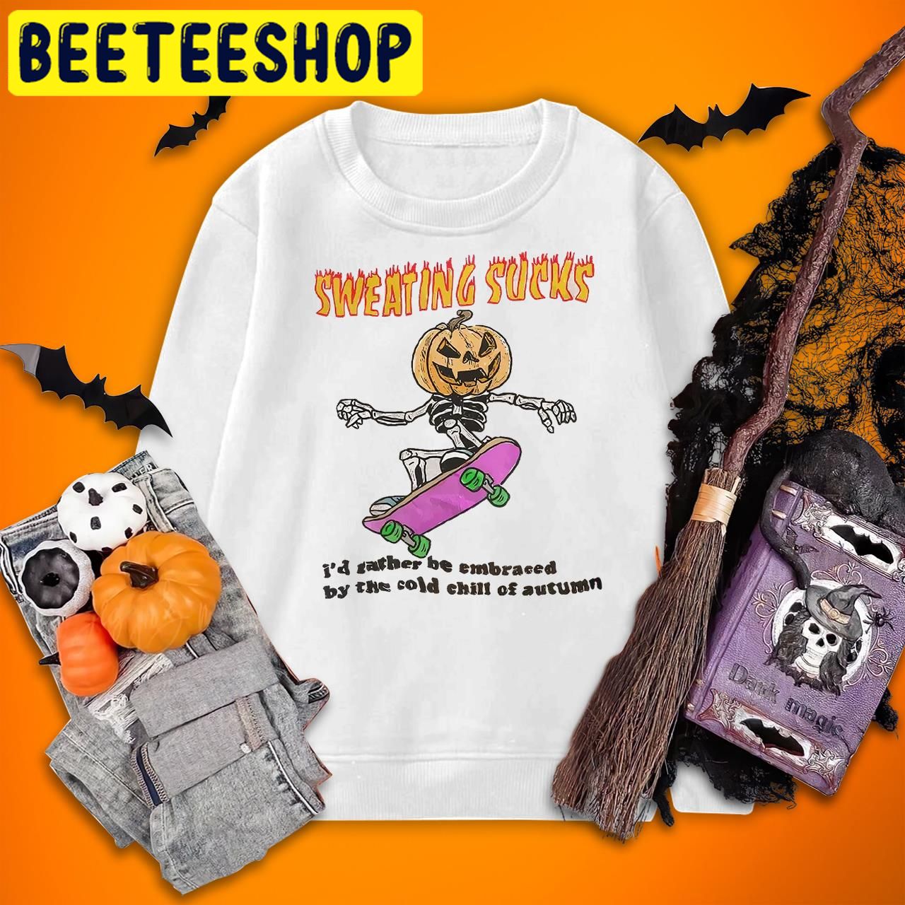 Sweating Sucks Skateboarding Skeleton Pumpkin Face Pumpkin Halloween Trending Unisex T-Shirt Sweating Sucks Skateboarding Skeleton Pumpkin Face Pumpkin Halloween Trending Unisex T-Shirt