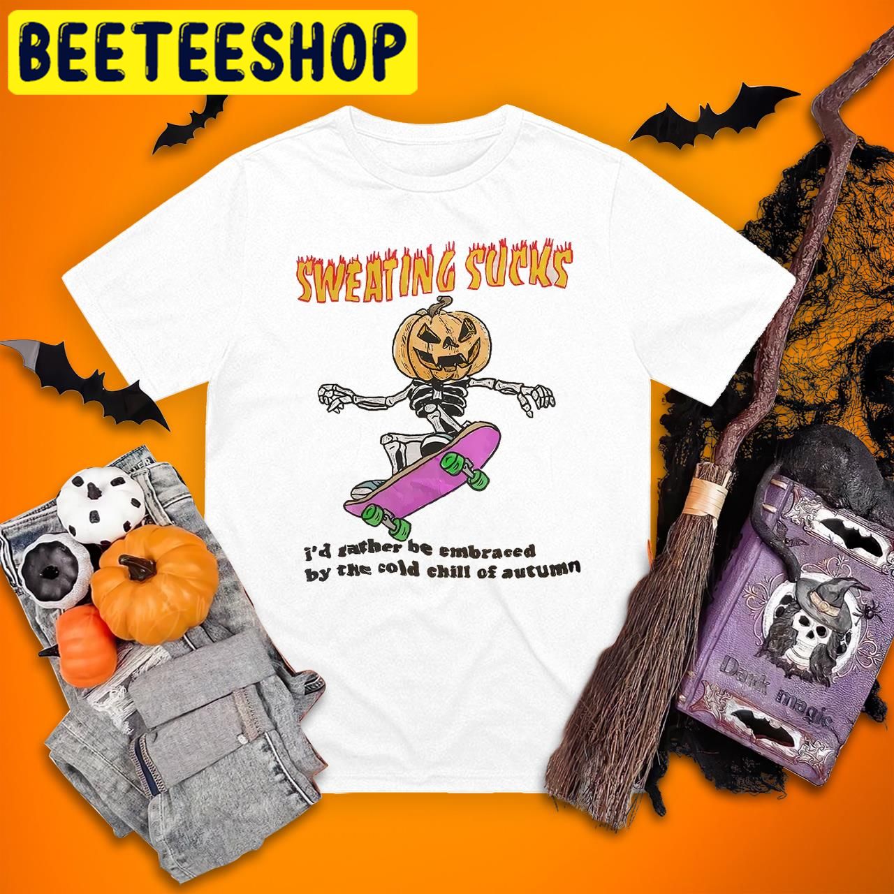 Sweating Sucks Skateboarding Skeleton Pumpkin Face Pumpkin Halloween Trending Unisex T-Shirt Sweating Sucks Skateboarding Skeleton Pumpkin Face Pumpkin Halloween Trending Unisex T-Shirt