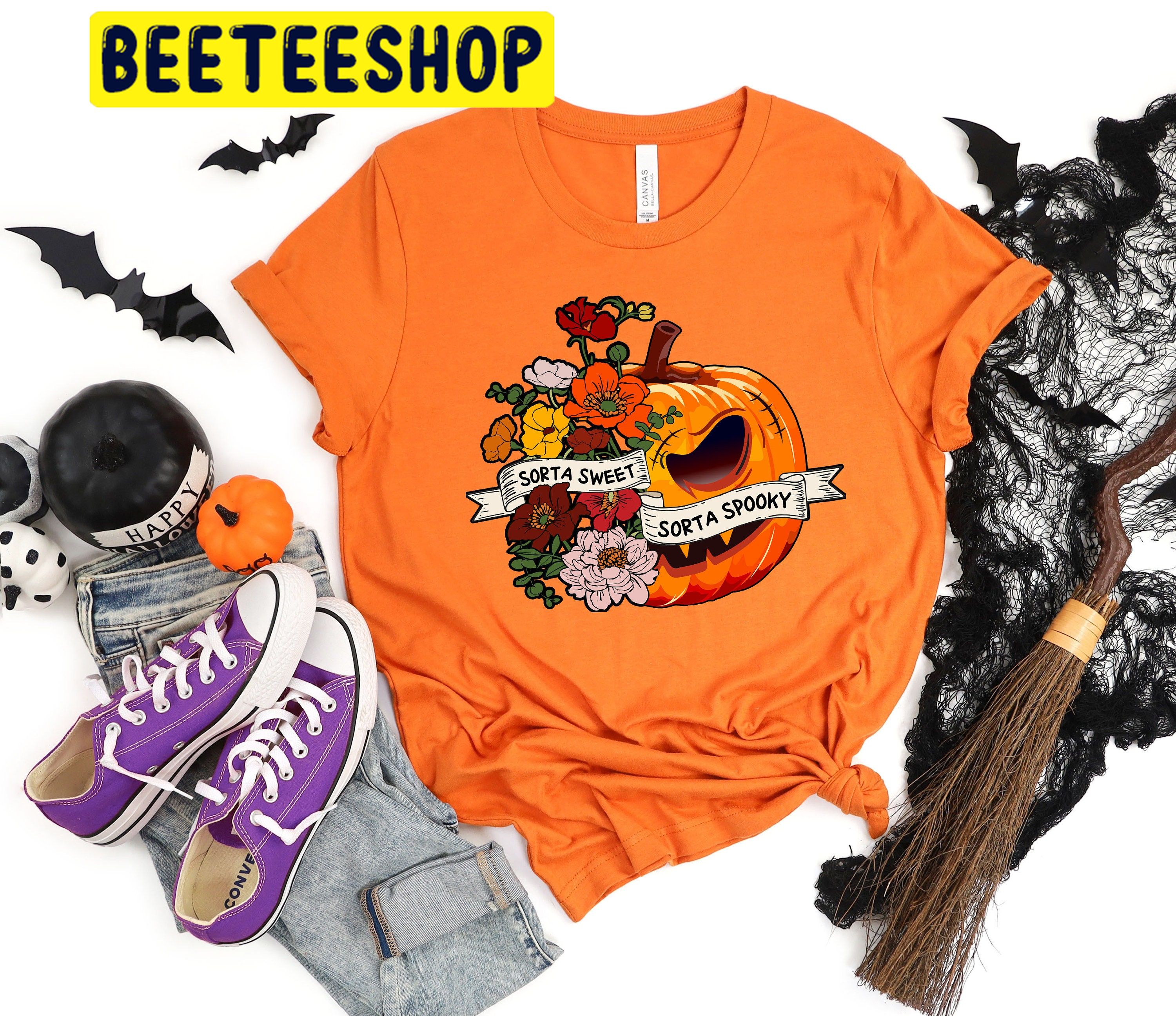 Sweet Sorta Spooky Flower Pumpkin Halloween Trending Unisex Shirt