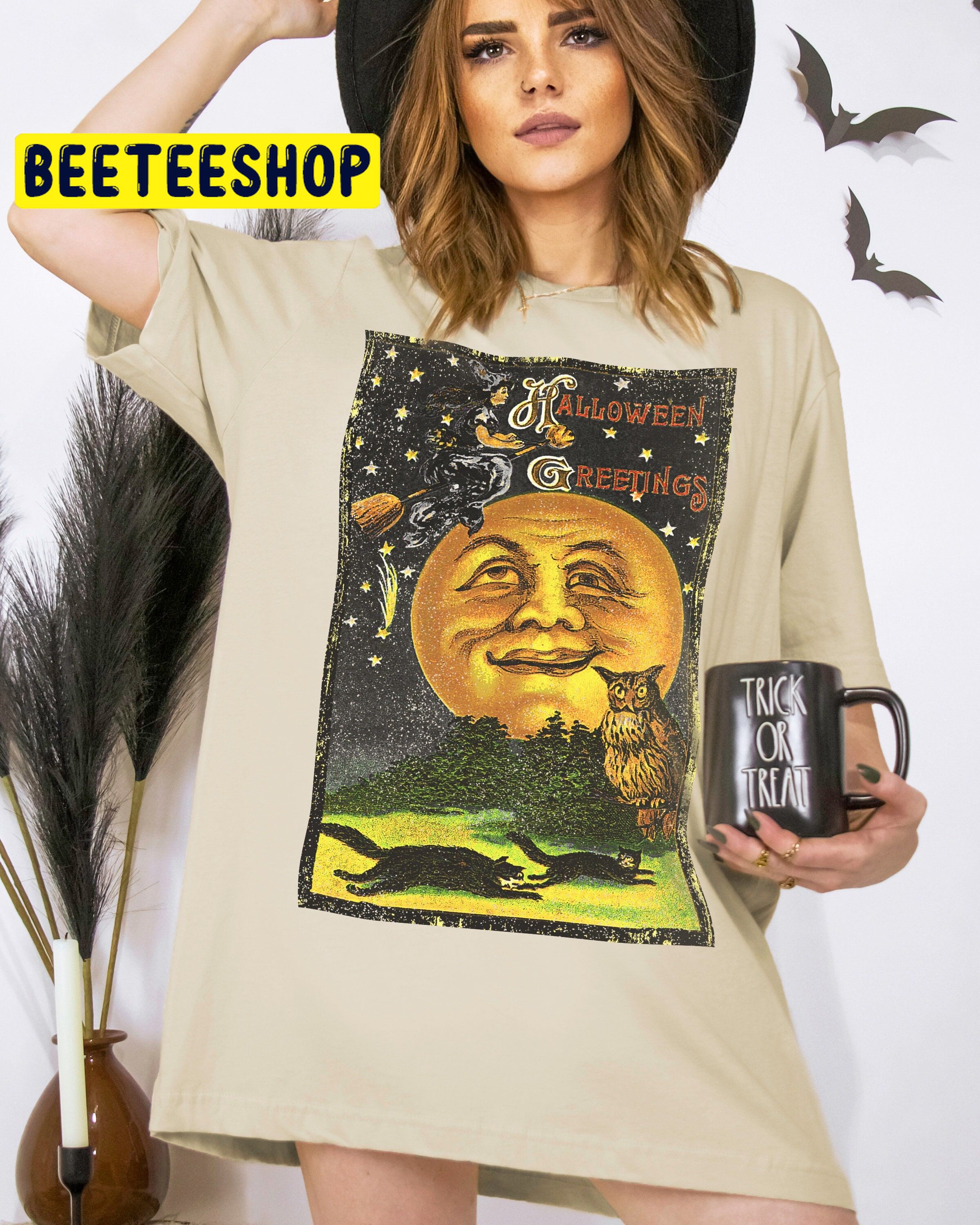 Vintage Halloween Full Moon Owl Witch Black Cats Trending Unisex Shirt