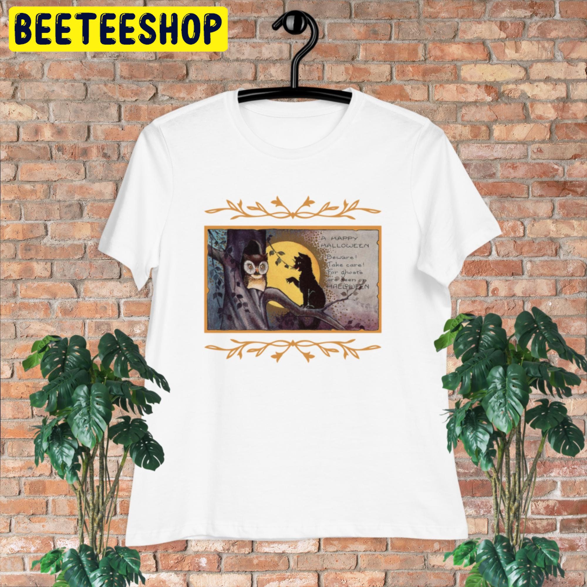 Vintage Halloween Owl Black Cat Trending Unisex Shirt Vintage Halloween Owl Black Cat Trending Unisex Shirt