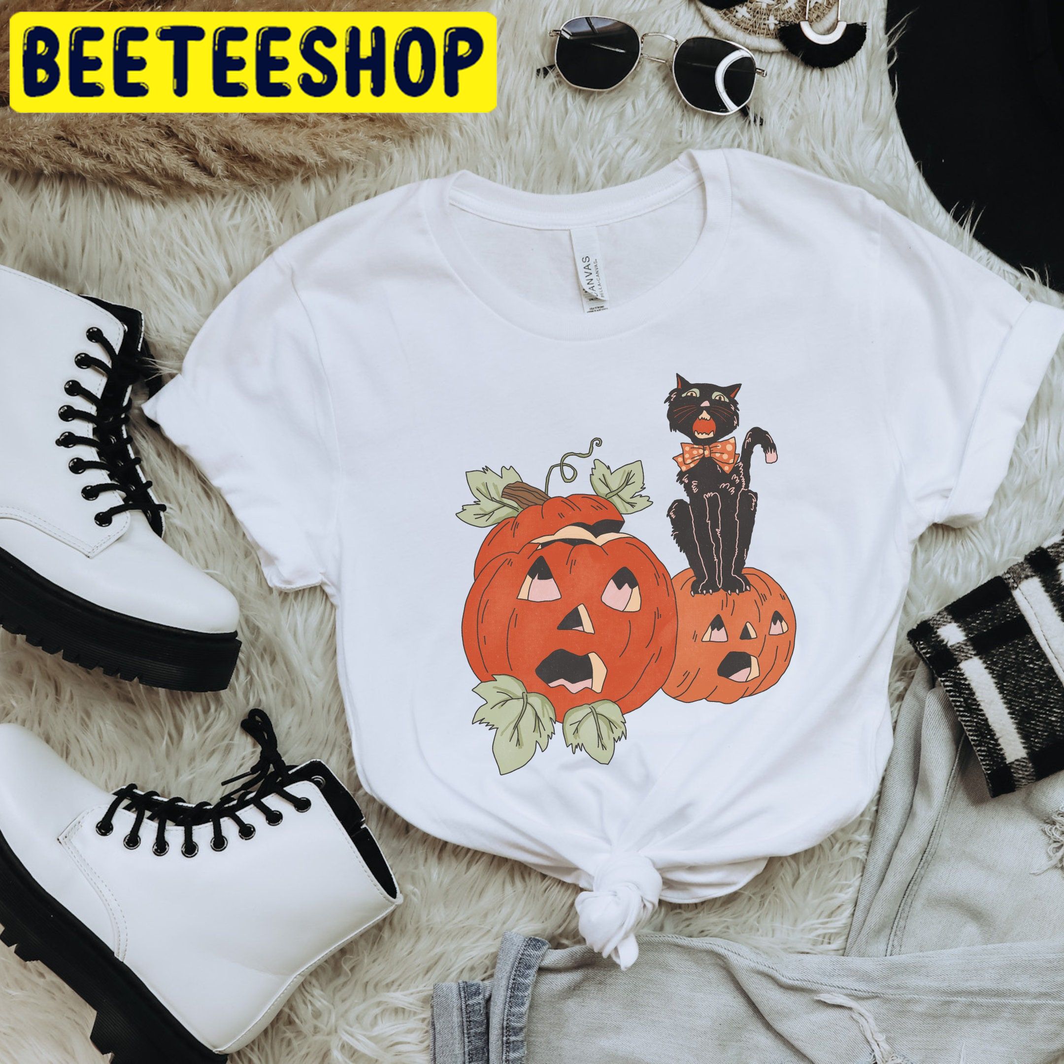 Vintage Pumpkin & Black Cat Halloween Trending Unisex Shirt Vintage Pumpkin & Black Cat Halloween Trending Unisex Shirt