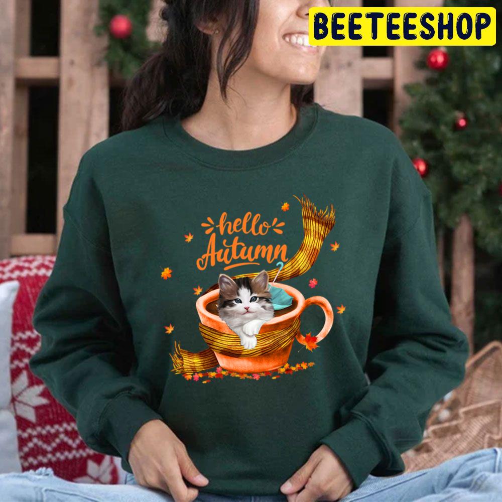 Cute Cat Coffee Cup Hello Autumn Trending Unisex Hoodie Cute Cat Coffee Cup Hello Autumn Trending Unisex Hoodie