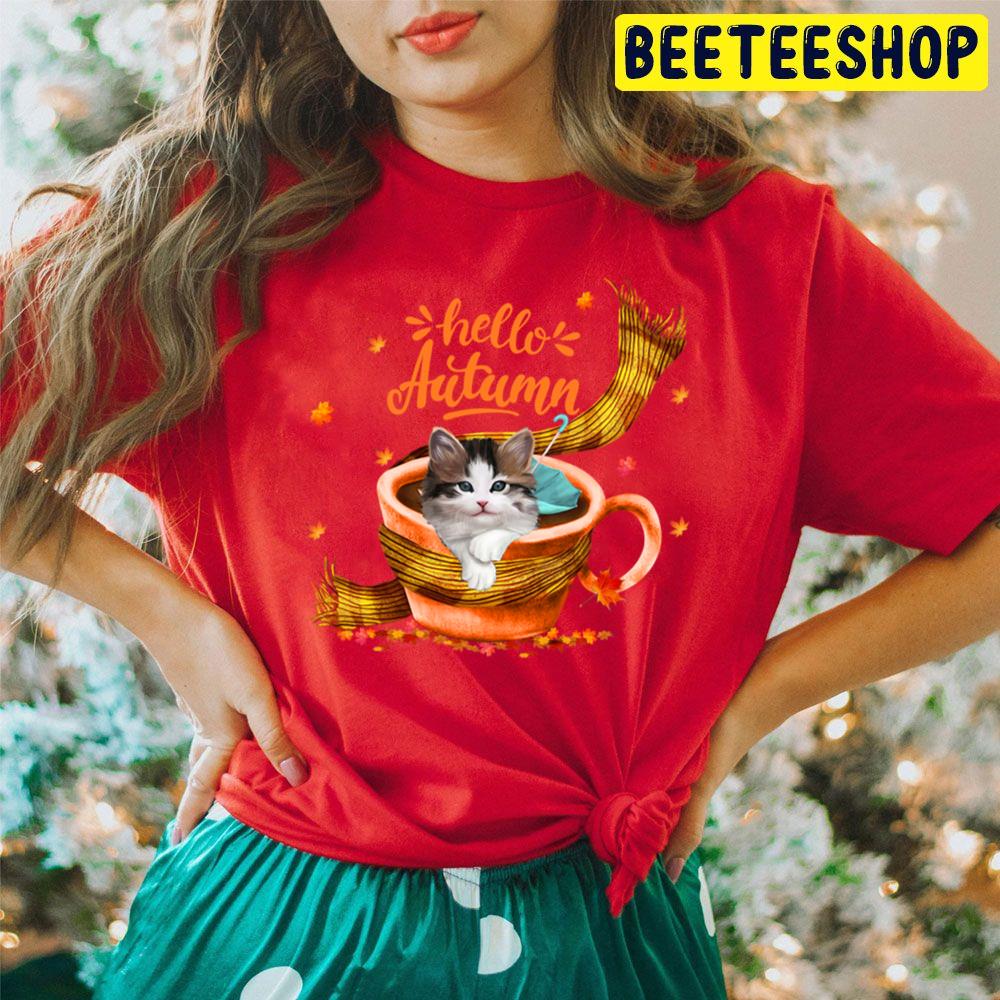 Cute Cat Coffee Cup Hello Autumn Trending Unisex Hoodie Cute Cat Coffee Cup Hello Autumn Trending Unisex Hoodie