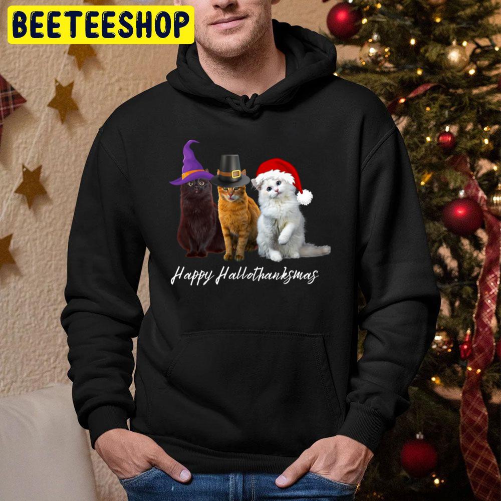 Cute Cats Happy Hallothanksmas Holidays Trending Unisex Hoodie Cute Cats Happy Hallothanksmas Holidays Trending Unisex Hoodie