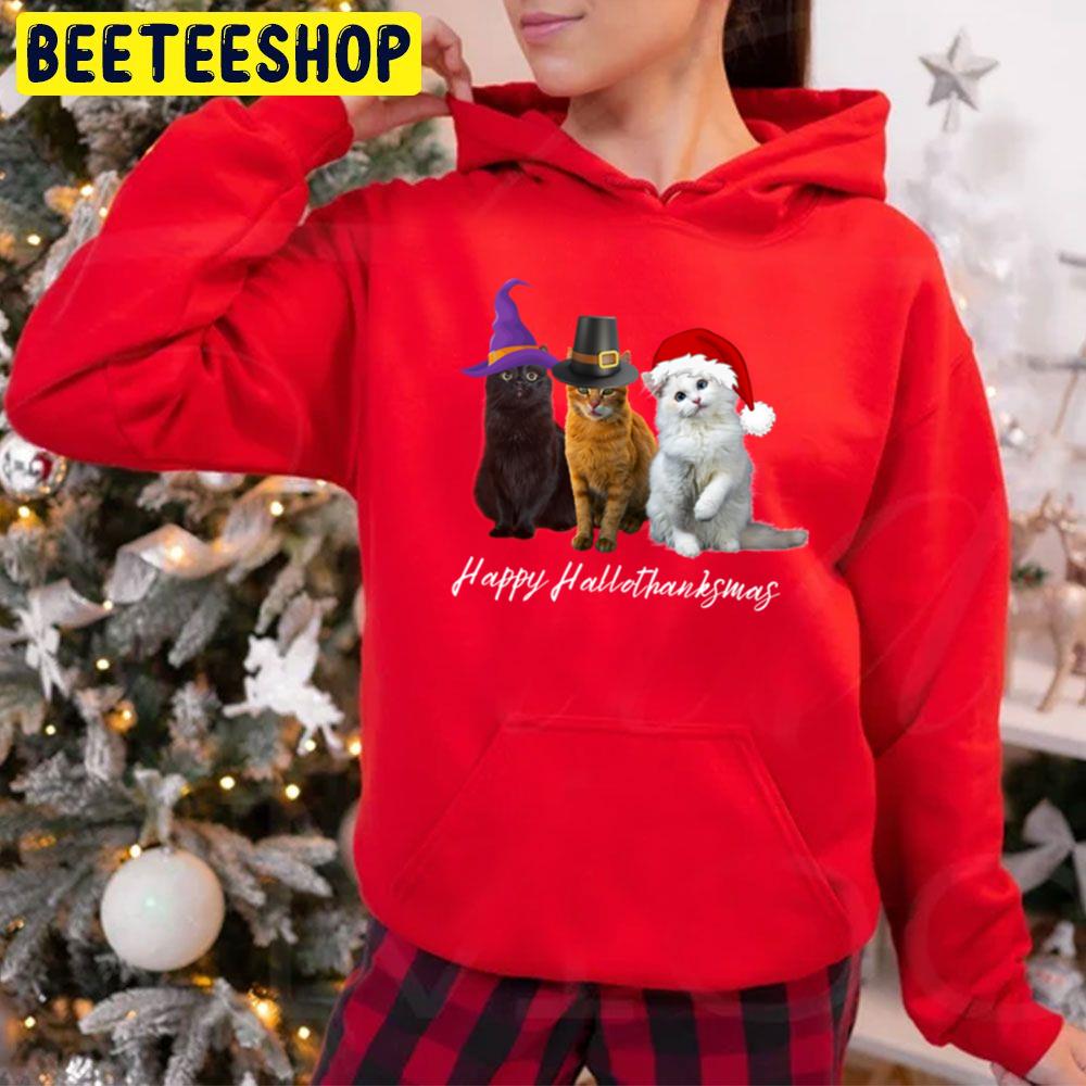 Cute Cats Happy Hallothanksmas Holidays Trending Unisex Hoodie Cute Cats Happy Hallothanksmas Holidays Trending Unisex Hoodie