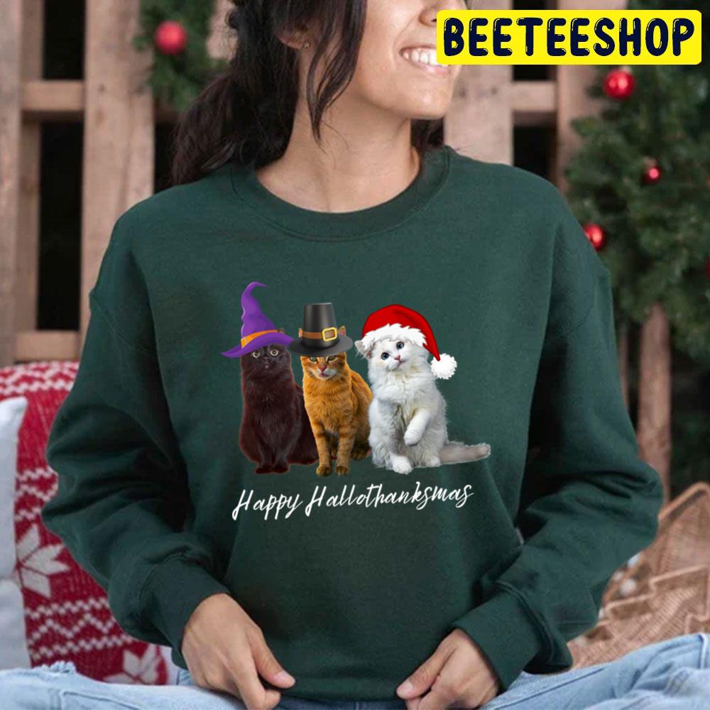 Cute Cats Happy Hallothanksmas Holidays Trending Unisex Hoodie Cute Cats Happy Hallothanksmas Holidays Trending Unisex Hoodie