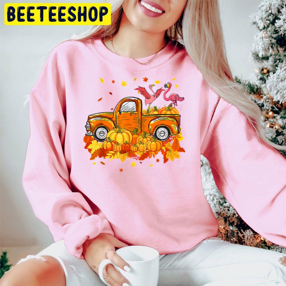 Flamingo Riding Truck Pumpkin Autumn Leaves Fall Trending Unisex Hoodie Flamingo Riding Truck Pumpkin Autumn Leaves Fall Trending Unisex Hoodie