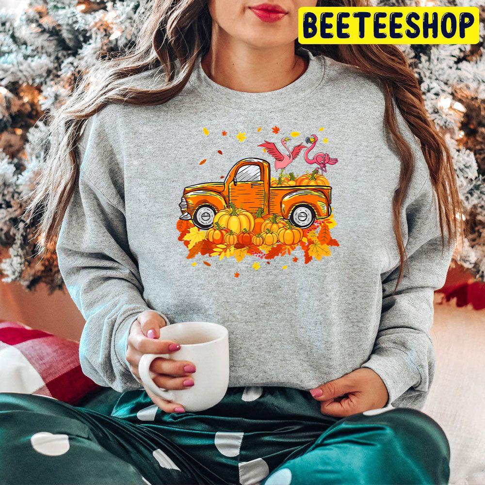 Flamingo Riding Truck Pumpkin Autumn Leaves Fall Trending Unisex Hoodie Flamingo Riding Truck Pumpkin Autumn Leaves Fall Trending Unisex Hoodie