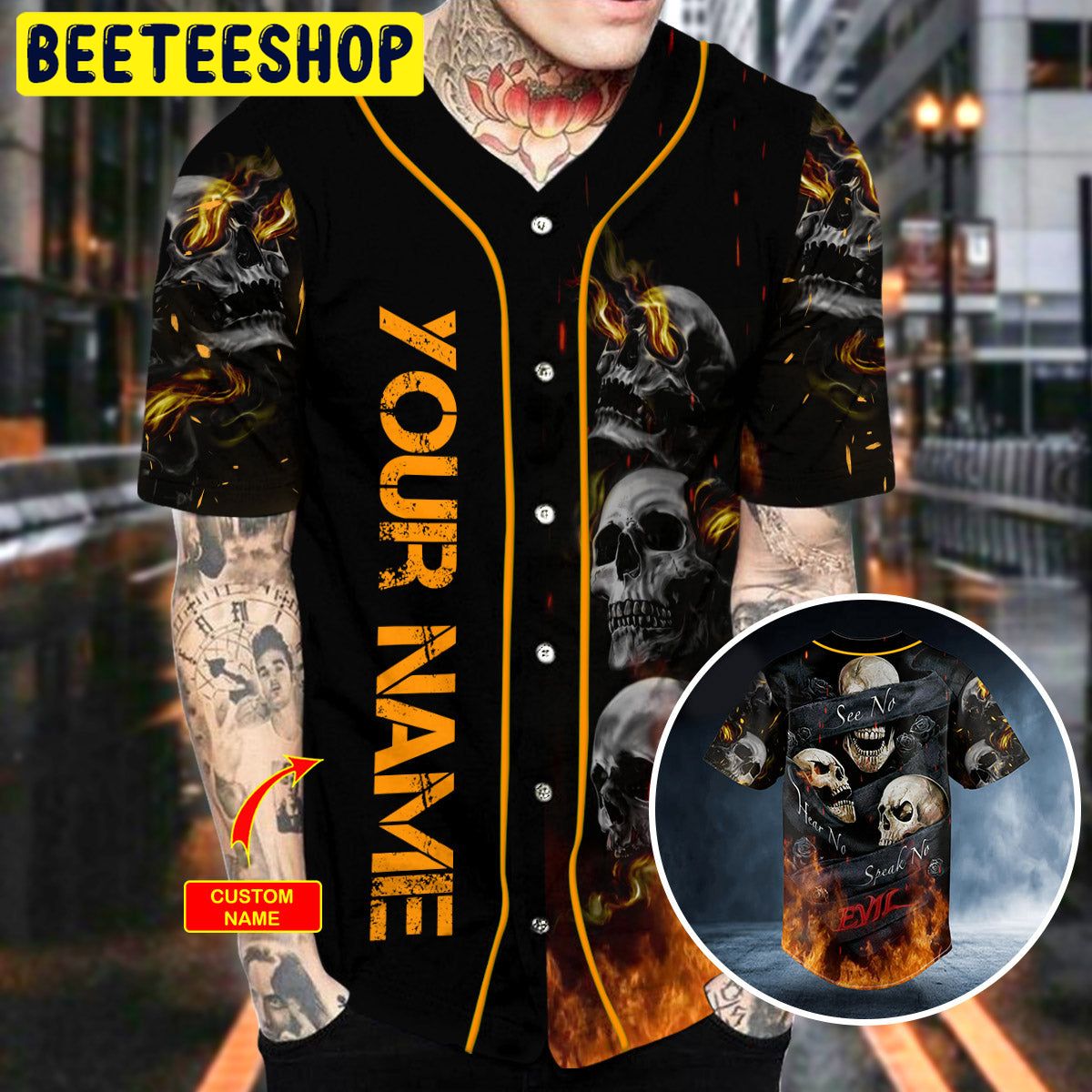 Hear No See No Speak No Evil Flame Skull Custom Trending Baseball Jersey Hear No See No Speak No Evil Flame Skull Custom Trending Baseball Jersey