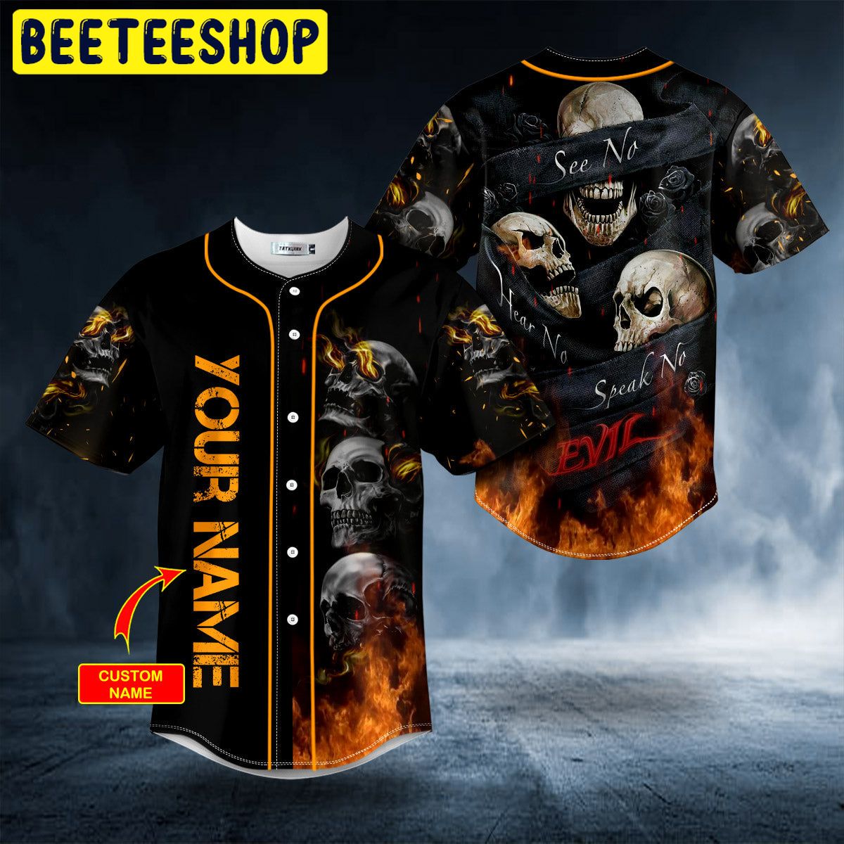 Hear No See No Speak No Evil Flame Skull Custom Trending Baseball Jersey Hear No See No Speak No Evil Flame Skull Custom Trending Baseball Jersey