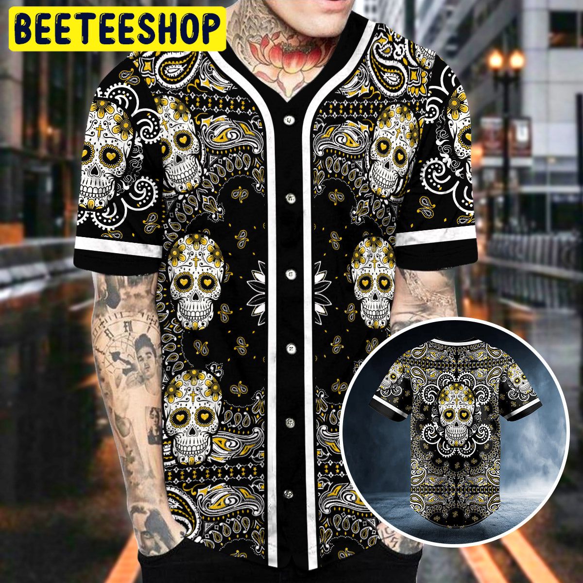 Heart Shaped Eyes Pattern Of Sugar Skull Trending Baseball Jersey Heart Shaped Eyes Pattern Of Sugar Skull Trending Baseball Jersey