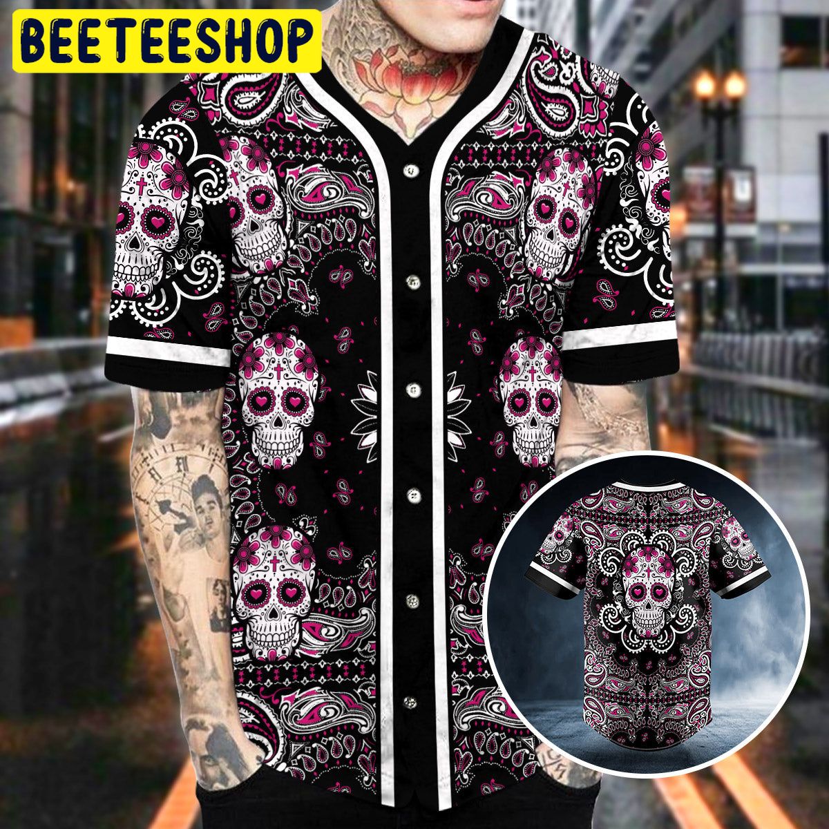 Heart Shaped Eyes Pattern Of Sugar Skull Trending Baseball Jersey Heart Shaped Eyes Pattern Of Sugar Skull Trending Baseball Jersey
