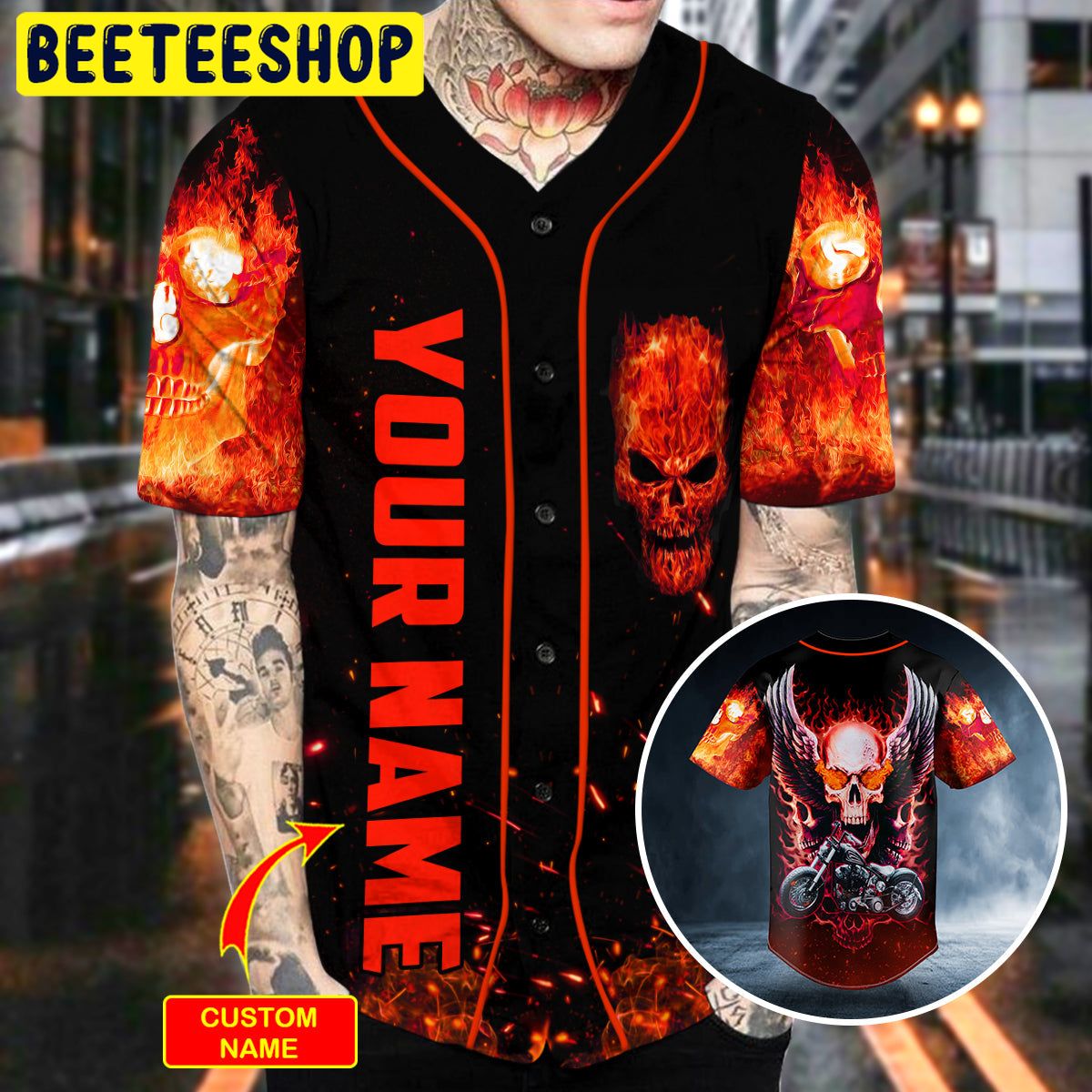 Motorcycle Winged Fire Skull Custom Trending Baseball Jersey Motorcycle Winged Fire Skull Custom Trending Baseball Jersey