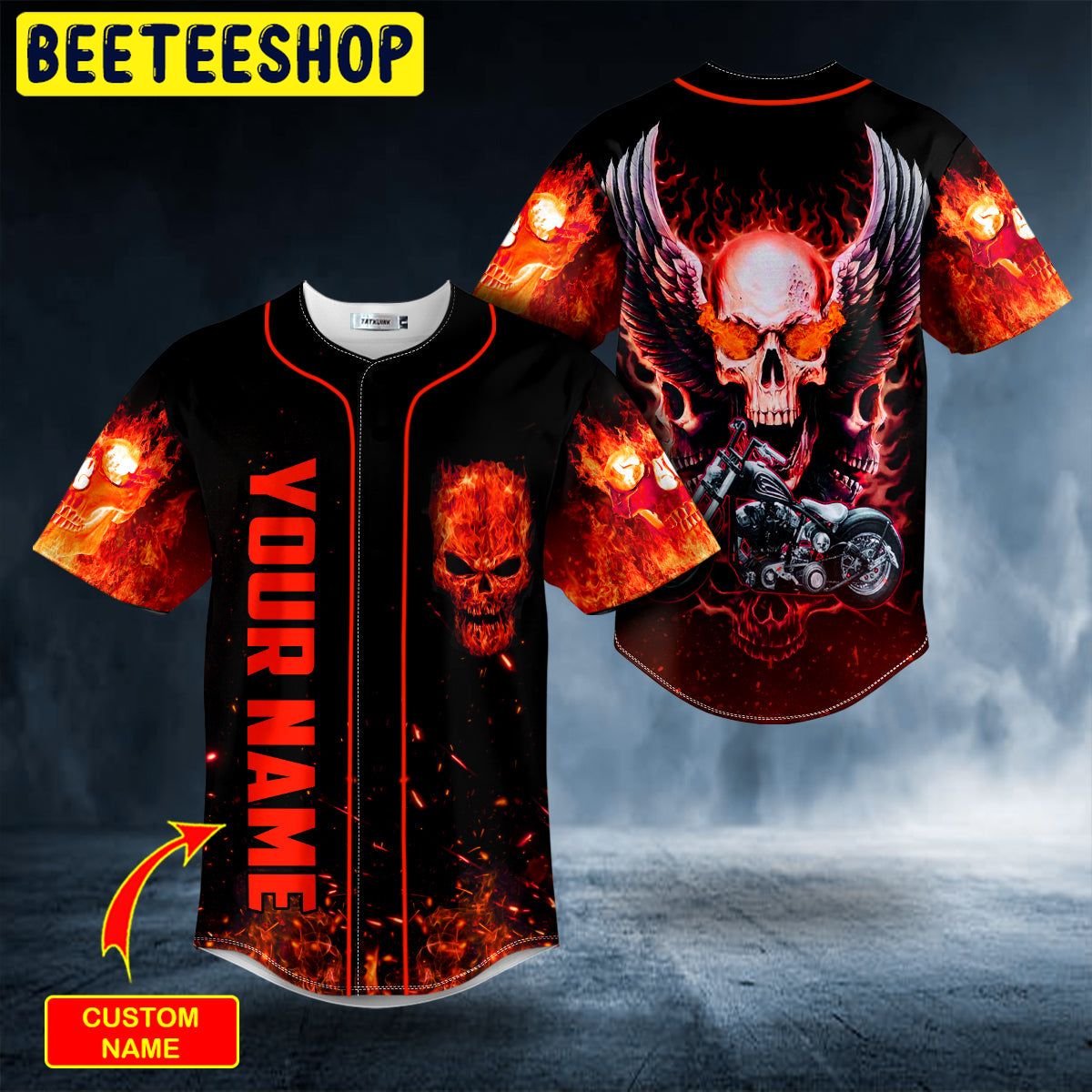 Motorcycle Winged Fire Skull Custom Trending Baseball Jersey Motorcycle Winged Fire Skull Custom Trending Baseball Jersey