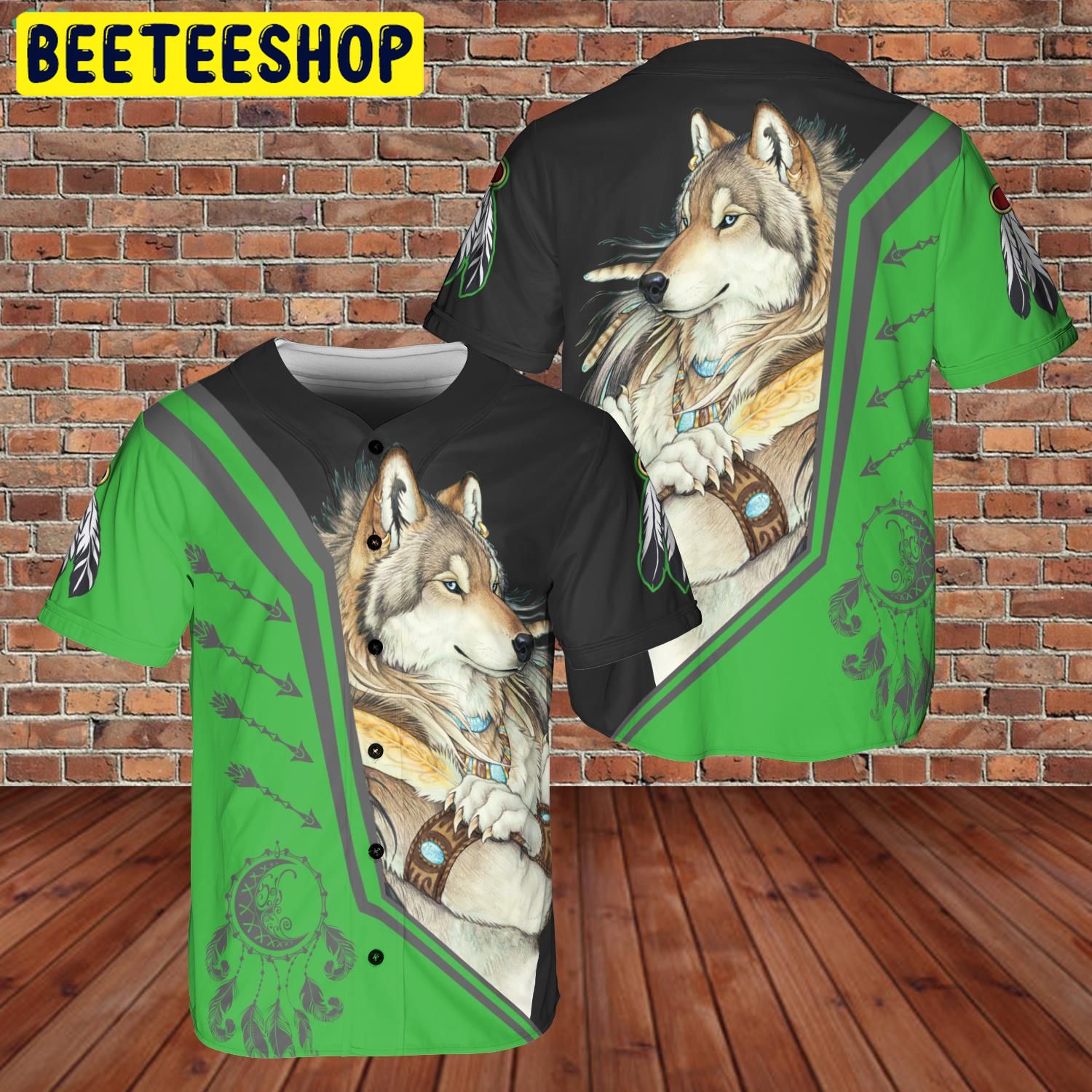 Native Wolf Dreamcatcher Green Black Style Baseball Jersey Shir Native Wolf Dreamcatcher Green Black Style Baseball Jersey Shir