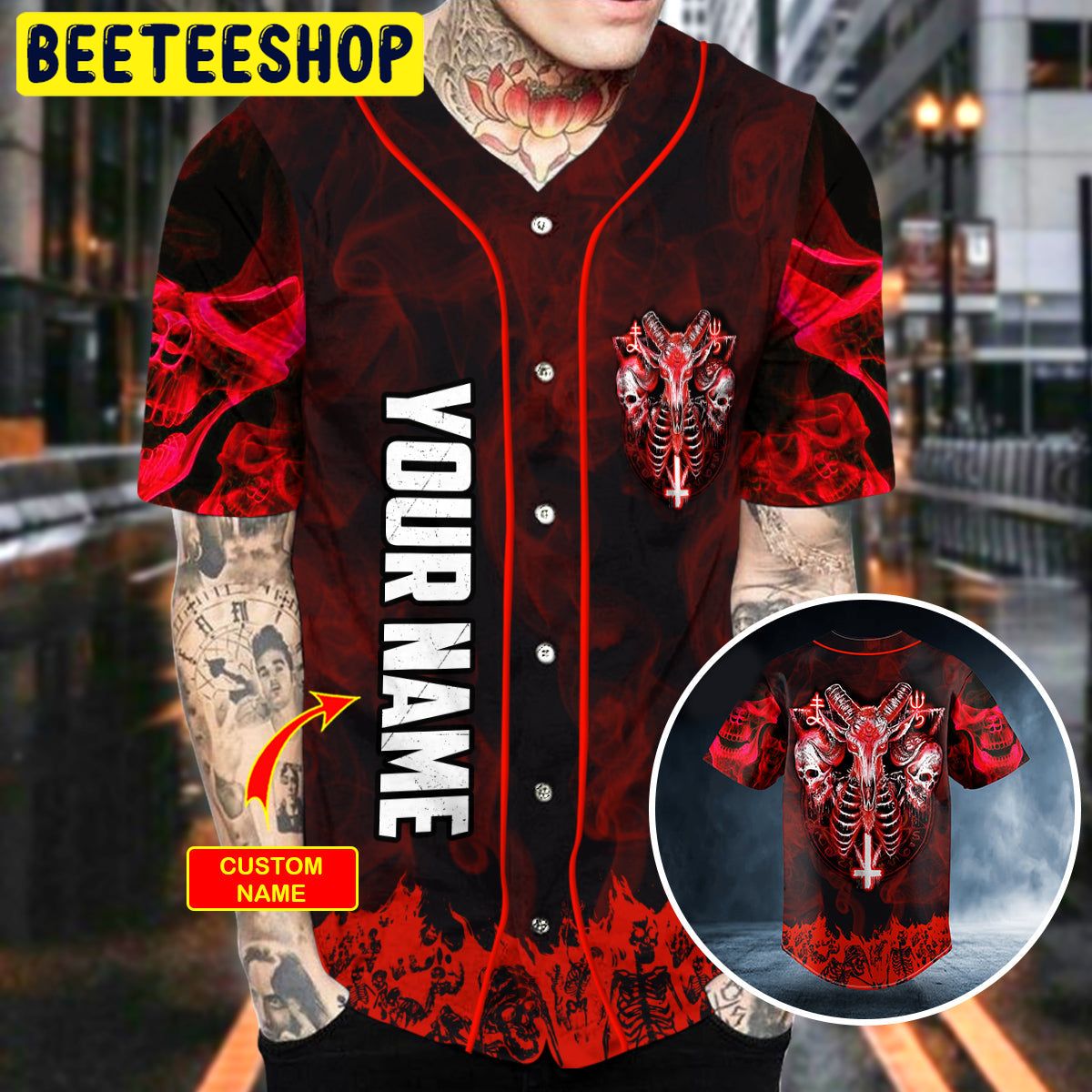 Red Baphomet Evil Skull Custom Trending Baseball Jersey Red Baphomet Evil Skull Custom Trending Baseball Jersey