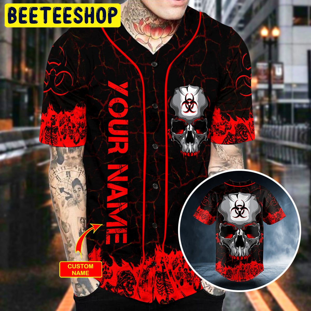 Red Flame Biohazard Metal Skull Custom Trending Baseball Jersey Red Flame Biohazard Metal Skull Custom Trending Baseball Jersey