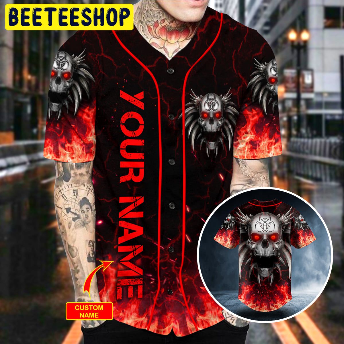 Red Flame Biohazard Metal Wings Skull Custom Trending Baseball Jersey Red Flame Biohazard Metal Wings Skull Custom Trending Baseball Jersey