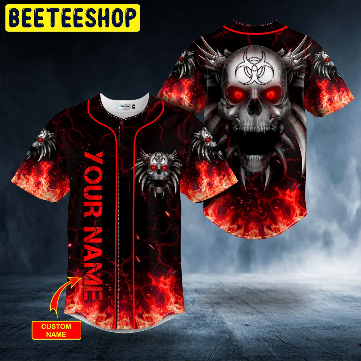 Red Flame Biohazard Metal Wings Skull Custom Trending Baseball Jersey Red Flame Biohazard Metal Wings Skull Custom Trending Baseball Jersey