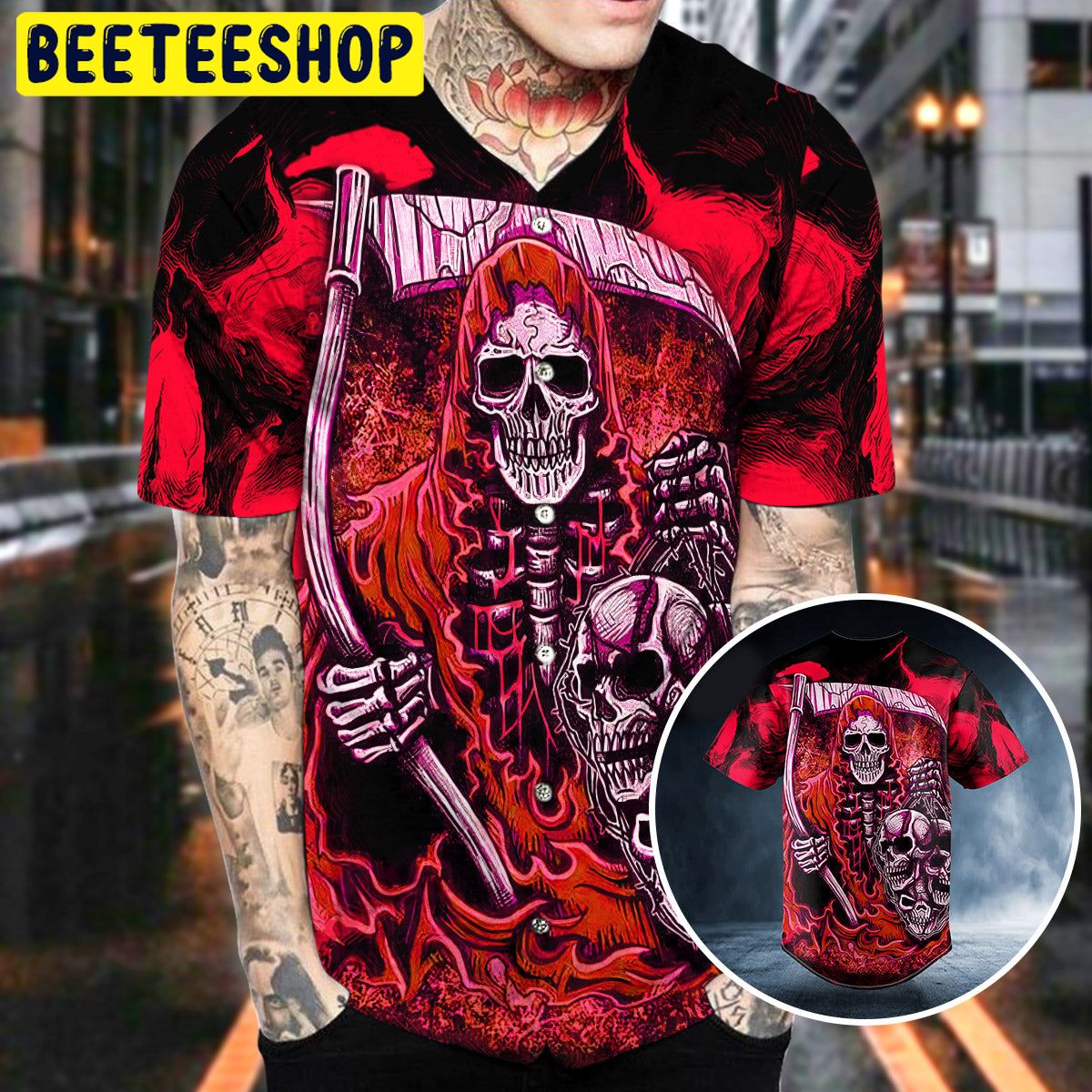 Red Grim Reaper Skull Trending Baseball Jersey Red Grim Reaper Skull Trending Baseball Jersey